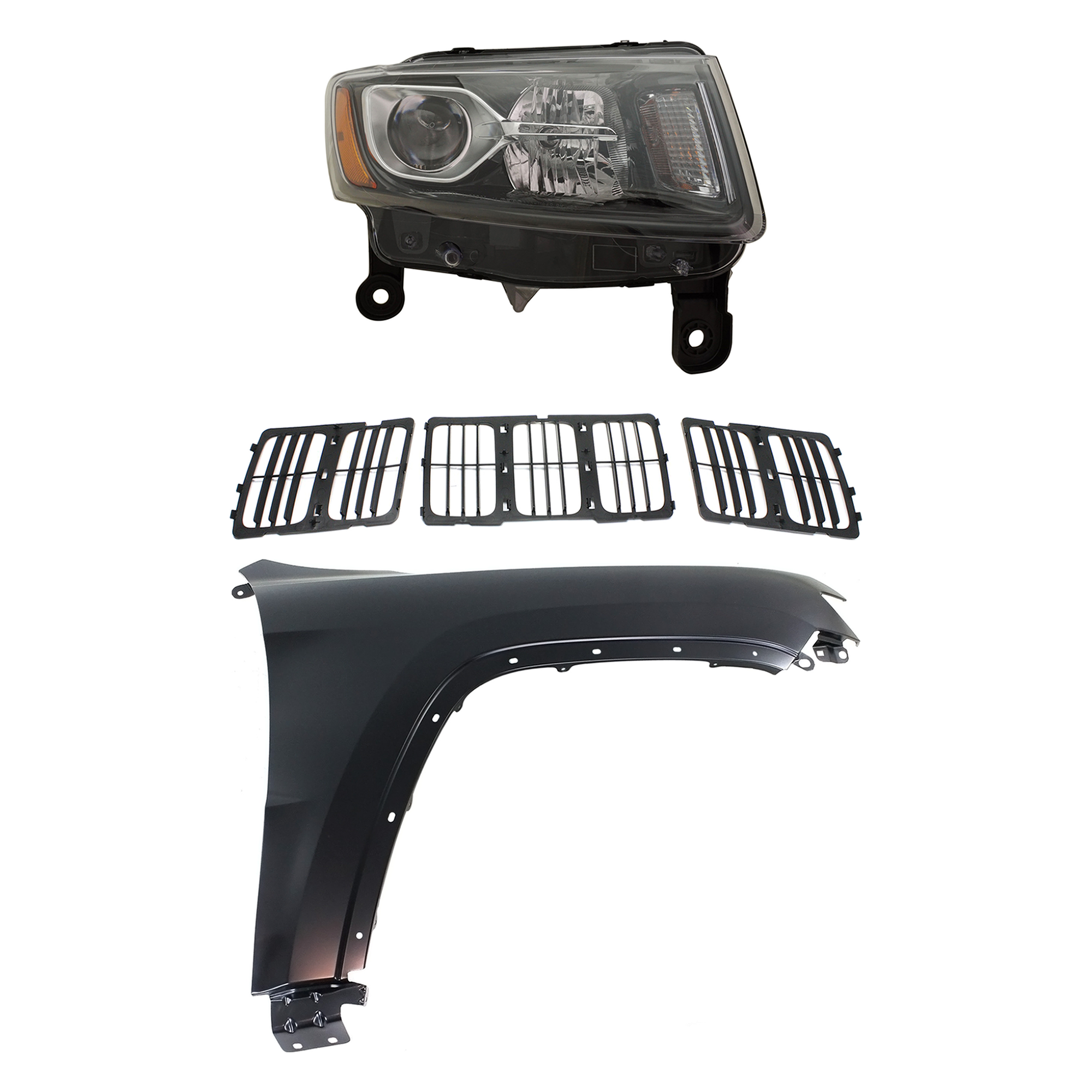 AM GRAND CHEROKEE 14-16 HEAD LAMP RH Assembly Halogen 3 pc Kit with Fender and Grille Assembly SKU KIT 030823-10901 Partslink CH2503308 CH1241272 CH1200369 OEM 68236108AE 55369596AF 68143073