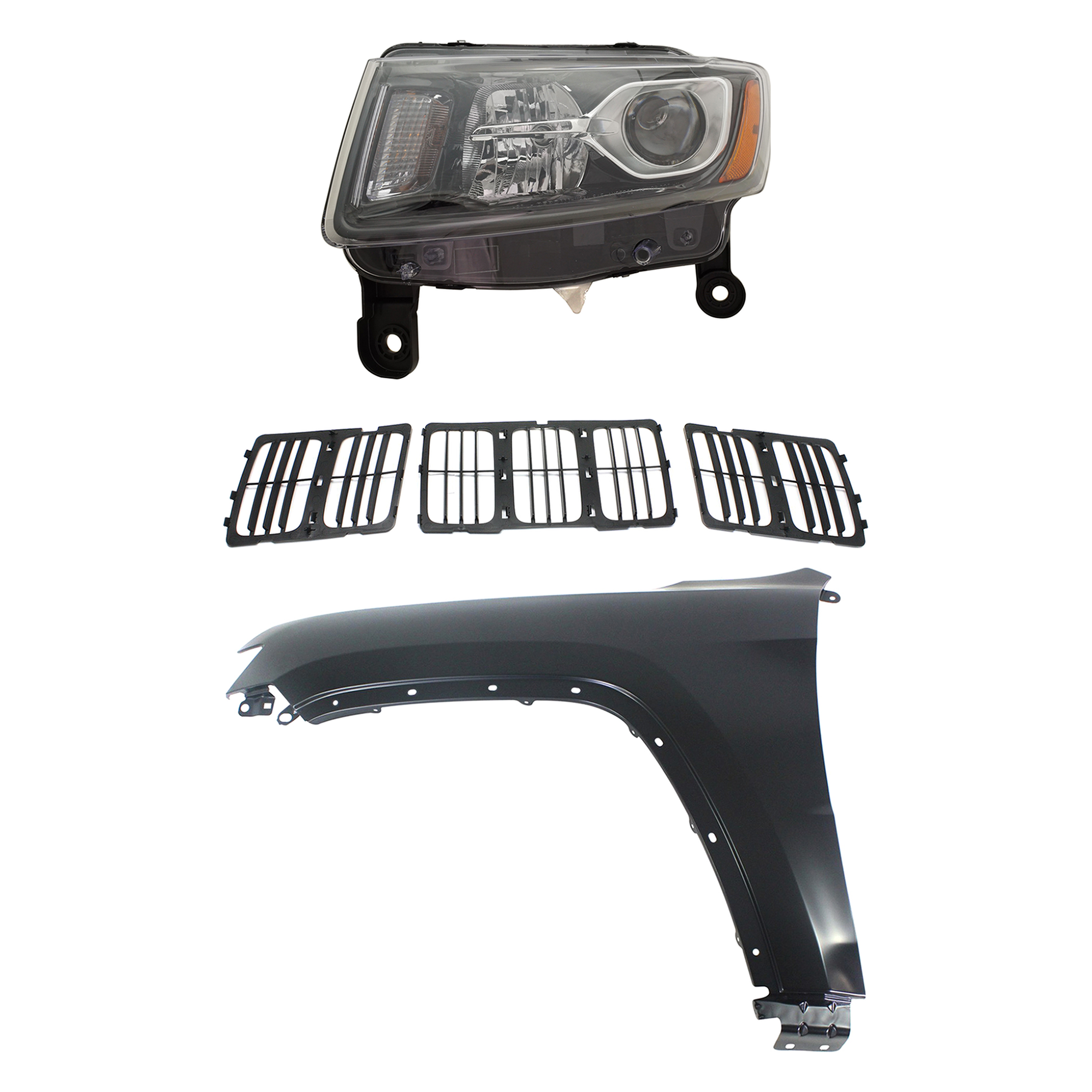 AM GRAND CHEROKEE 14-16 HEAD LAMP LH Assembly Halogen 3 pc Kit with Fender and Grille Assembly SKU KIT 030823-10902 Partslink CH2502308 CH1240272 CH1200369 OEM 68236109AE 55369597AF 68143073
