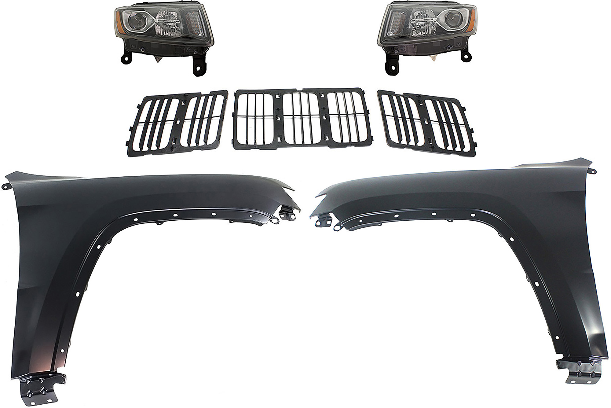 AM GRAND CHEROKEE 14-16 HEAD LAMP RH AND LH Assembly Halogen 5 pc Kit with Fenders and Grille Assembly SKU KIT 030823-109 Partslink CH2502308 CH2503308 CH1240272 CH1241272 CH1200369 OEM 68236108AE 68236109AE 55369597