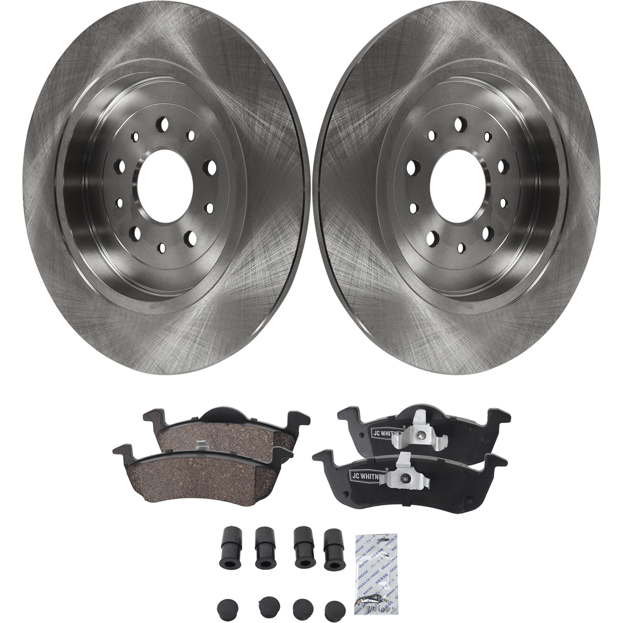 AM MKT 13-19 REAR BRAKE DISC AND PAD KIT 4 pc Kit Plain Surface 5 Lugs Cast Iron Ceramic SKU KIT 030823-10 OEM 5F9Z2C026BA 7L1Z2200A 7L1Z2200