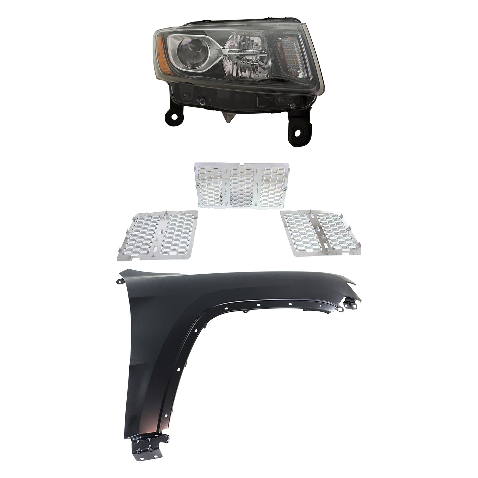 AM GRAND CHEROKEE 14-16 HEAD LAMP RH Assembly Halogen 3 pc Kit with Fender and Grille Assembly SKU KIT 030823-11001 Partslink CH2503308 CH1241272 CH1200366 OEM 68236108AE 55369596AF 68143075