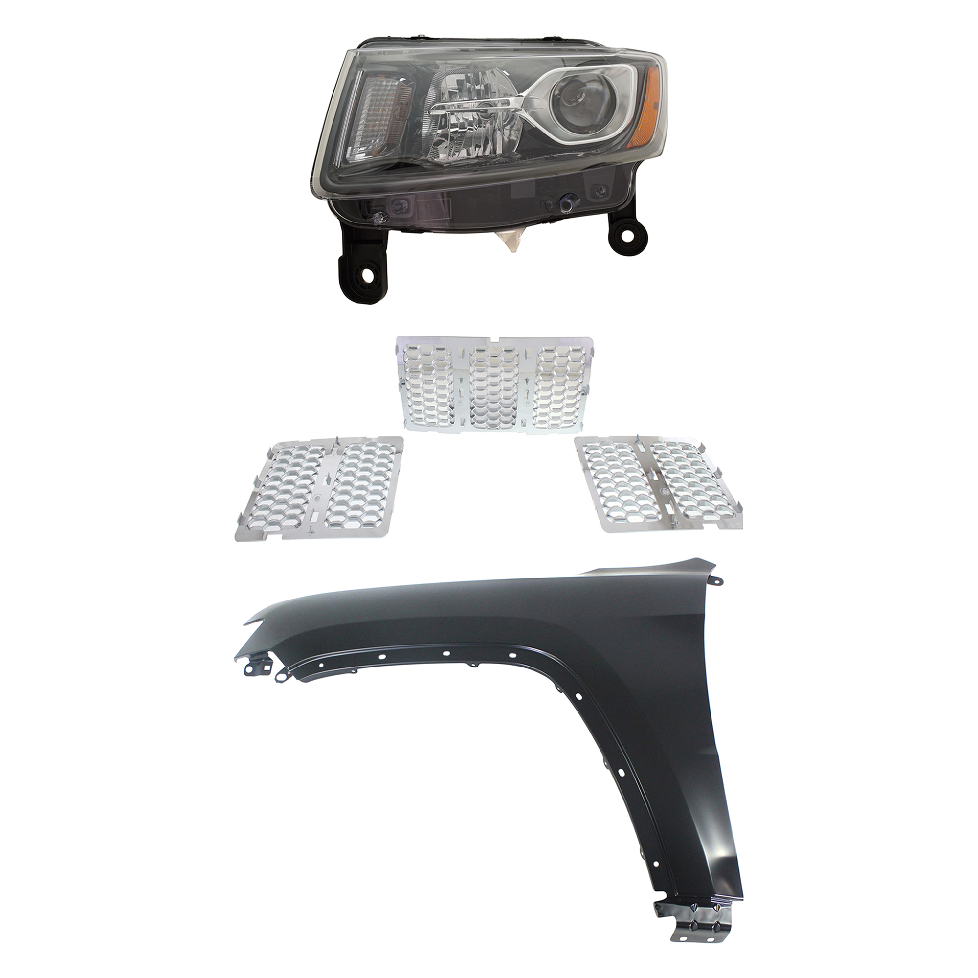 AM GRAND CHEROKEE 14-16 HEAD LAMP LH Assembly Halogen 3 pc Kit with Fender and Grille Assembly SKU KIT 030823-11002 Partslink CH2502308 CH1240272 CH1200366 OEM 68236109AE 55369597AF 68143075