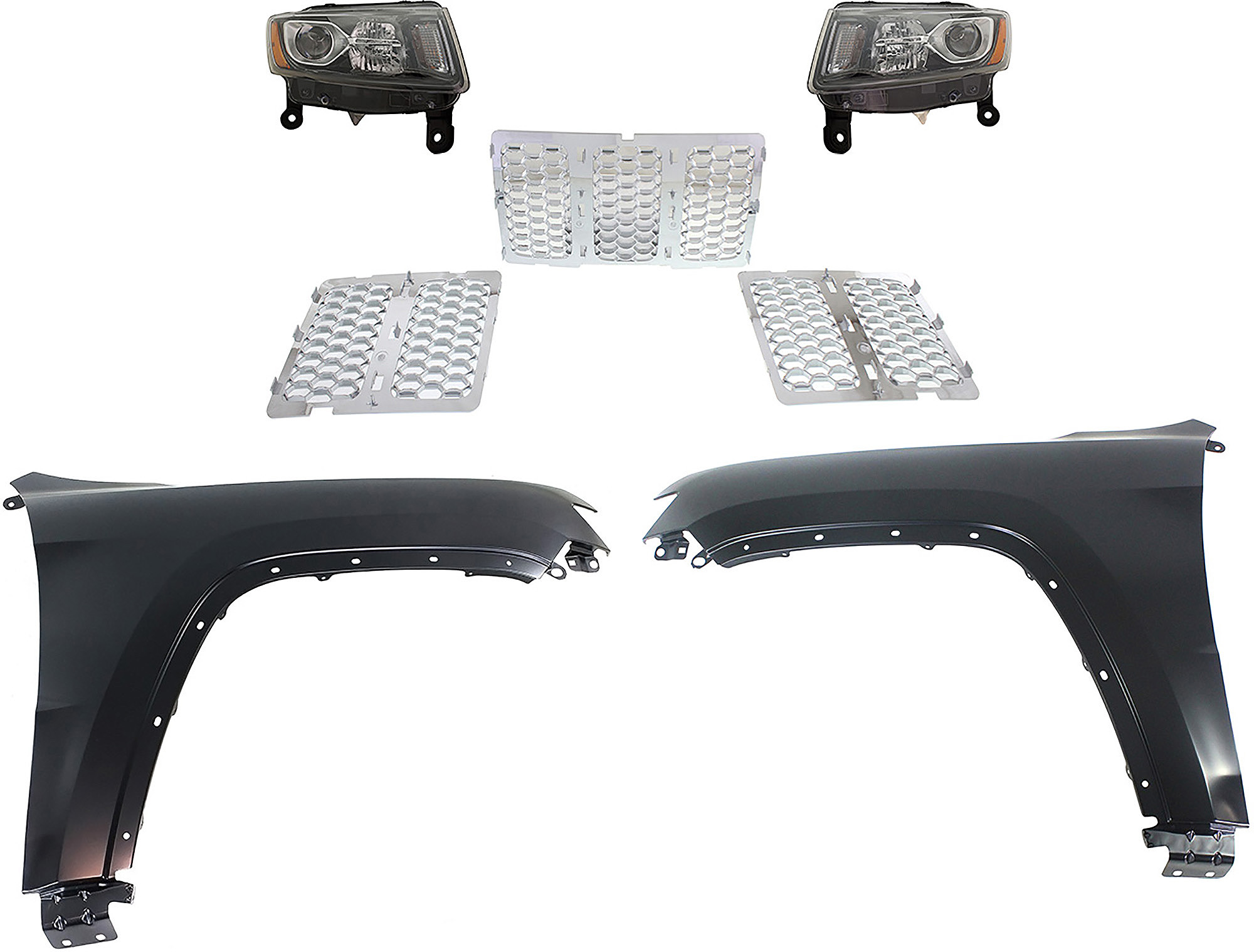 AM GRAND CHEROKEE 14-16 HEAD LAMP RH AND LH Assembly Halogen 5 pc Kit with Fenders and Grille Assembly SKU KIT 030823-110 Partslink CH2502308 CH2503308 CH1240272 CH1241272 CH1200366 OEM 68236108AE 68236109AE 55369597
