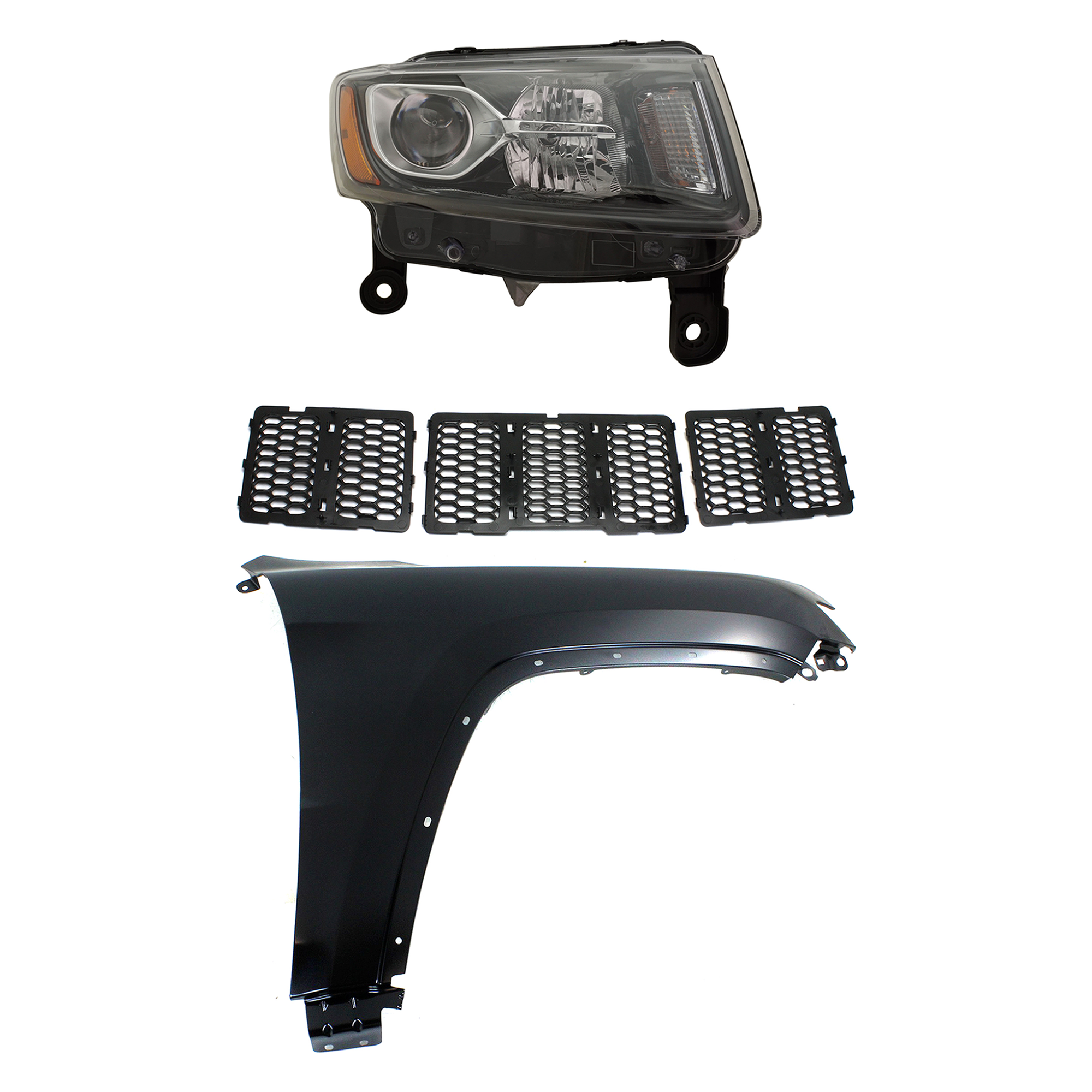 AM GRAND CHEROKEE 14-16 HEAD LAMP RH Assembly Halogen 3 pc Kit with Fender and Grille Assembly CAPA SKU KIT 030823-11401 Partslink CH1200377C CH1241272C CH2503308C OEM 55369596AF 68143074AD 68236108
