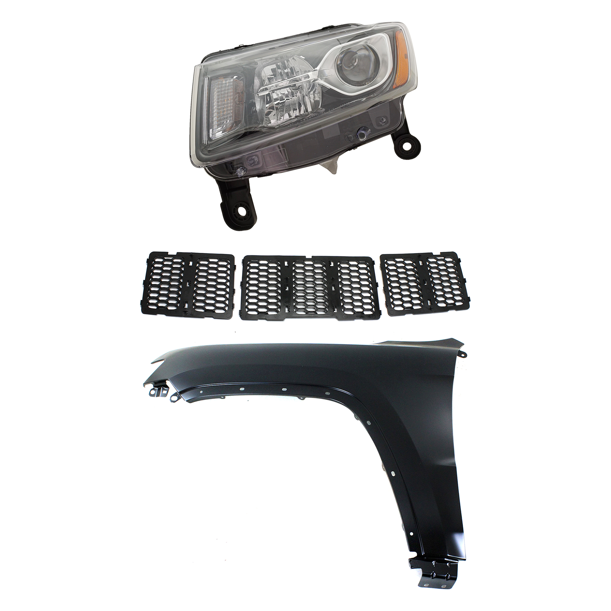 AM GRAND CHEROKEE 14-16 HEAD LAMP LH Assembly Halogen 3 pc Kit with Fender and Grille Assembly CAPA SKU KIT 030823-11402 Partslink CH1200377C CH1240272C CH2502308C OEM 55369597AF 68143074AD 68236109