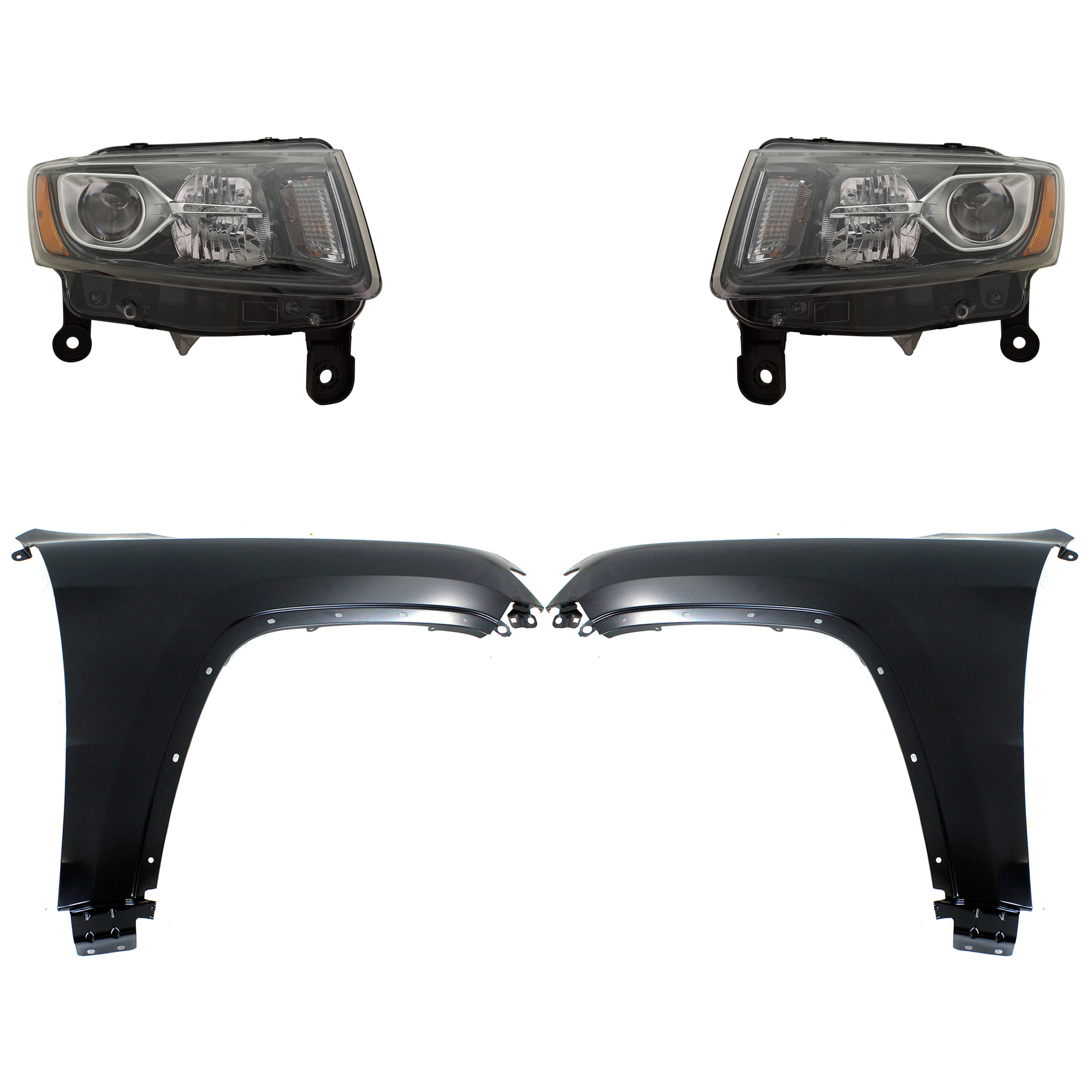 AM GRAND CHEROKEE 14-16 HEAD LAMP RH AND LH Assembly Halogen 4 pc Kit with Fenders CAPA SKU KIT 030823-11403 Partslink CH1240272C CH1241272C CH2502308C CH2503308C OEM 55369596AF 55369597AF 68236108