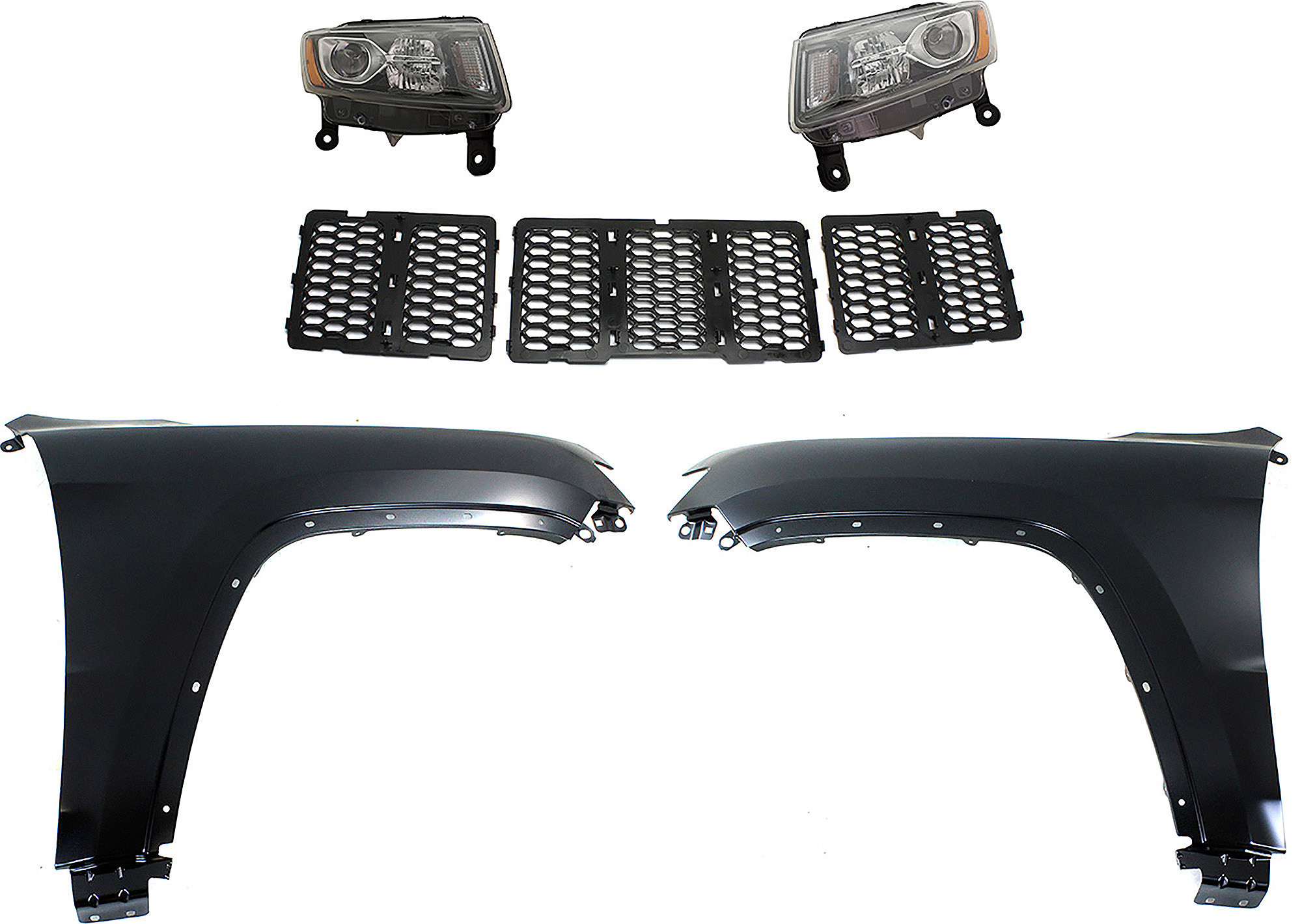 AM GRAND CHEROKEE 14-16 HEAD LAMP RH AND LH Assembly Halogen 5 pc Kit with Fenders and Grille Assembly CAPA SKU KIT 030823-114 Partslink CH1200377C CH1240272C CH1241272C CH2502308C CH2503308C OEM 55369596AF 55369597AF 68143074