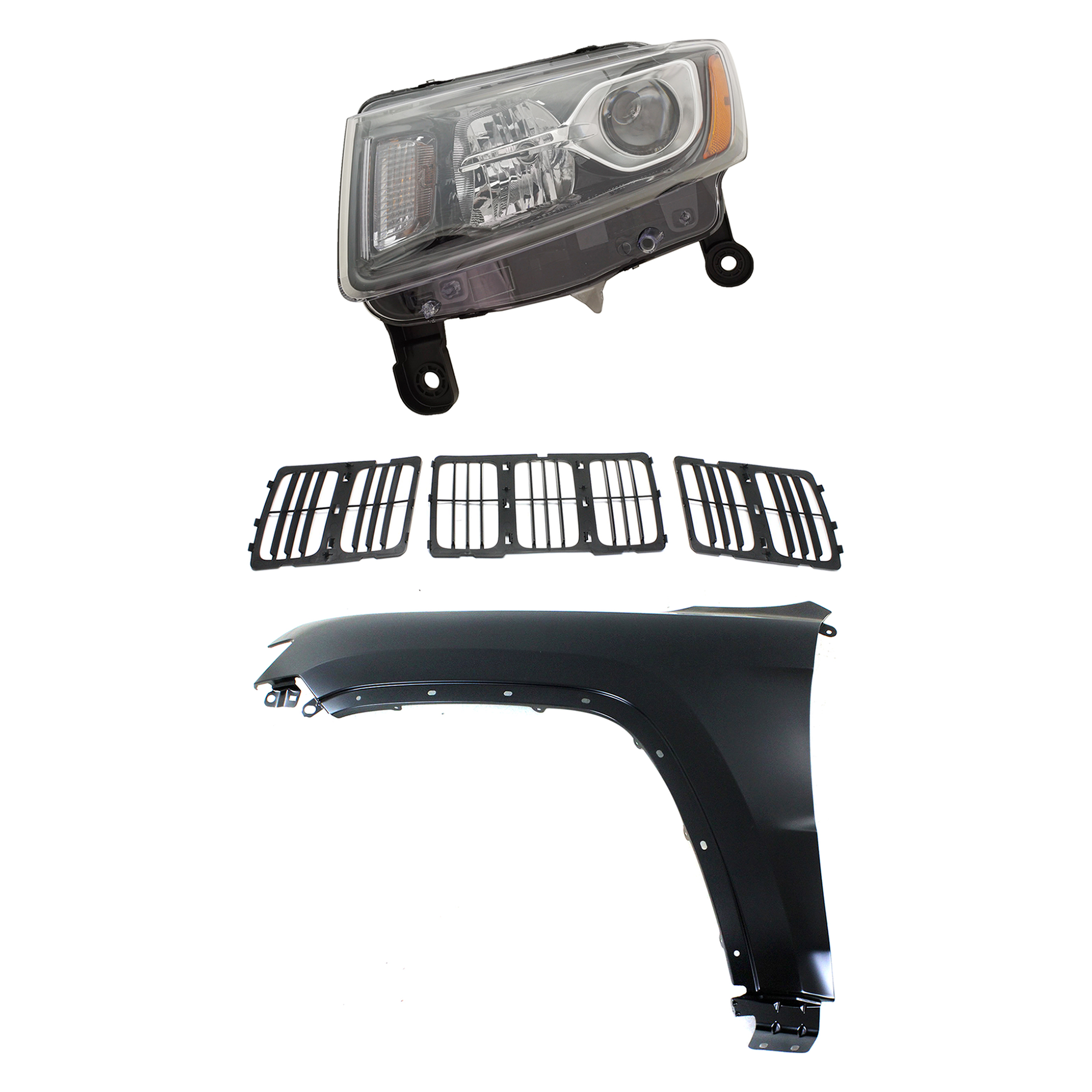AM GRAND CHEROKEE 14-16 HEAD LAMP LH Assembly Halogen 3 pc Kit with Fender and Grille Assembly CAPA SKU KIT 030823-11502 Partslink CH1200369C CH1240272C CH2502308C OEM 55369597AF 68143073AC 68236109