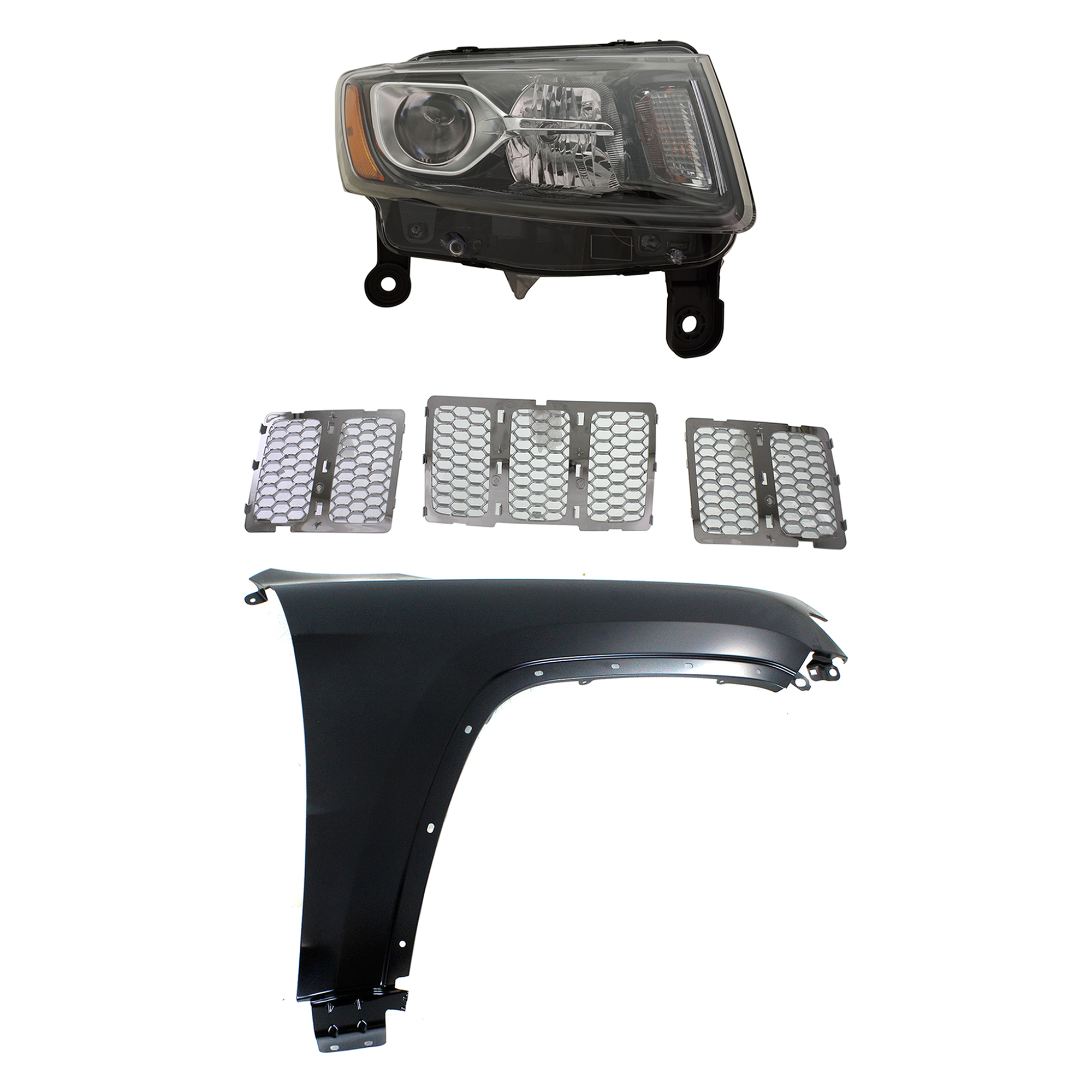 AM GRAND CHEROKEE 14-16 HEAD LAMP RH Assembly Halogen 3 pc Kit with Fender and Grille Assembly CAPA SKU KIT 030823-11601 Partslink CH1200366C CH1241272C CH2503308C OEM 55369596AF 68143075AB 68236108