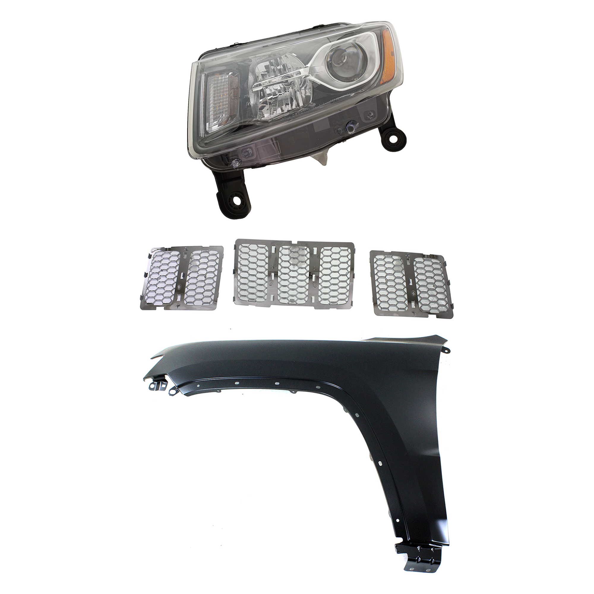 AM GRAND CHEROKEE 14-16 HEAD LAMP LH Assembly Halogen 3 pc Kit with Fender and Grille Assembly CAPA SKU KIT 030823-11602 Partslink CH1200366C CH1240272C CH2502308C OEM 55369597AF 68143075AB 68236109