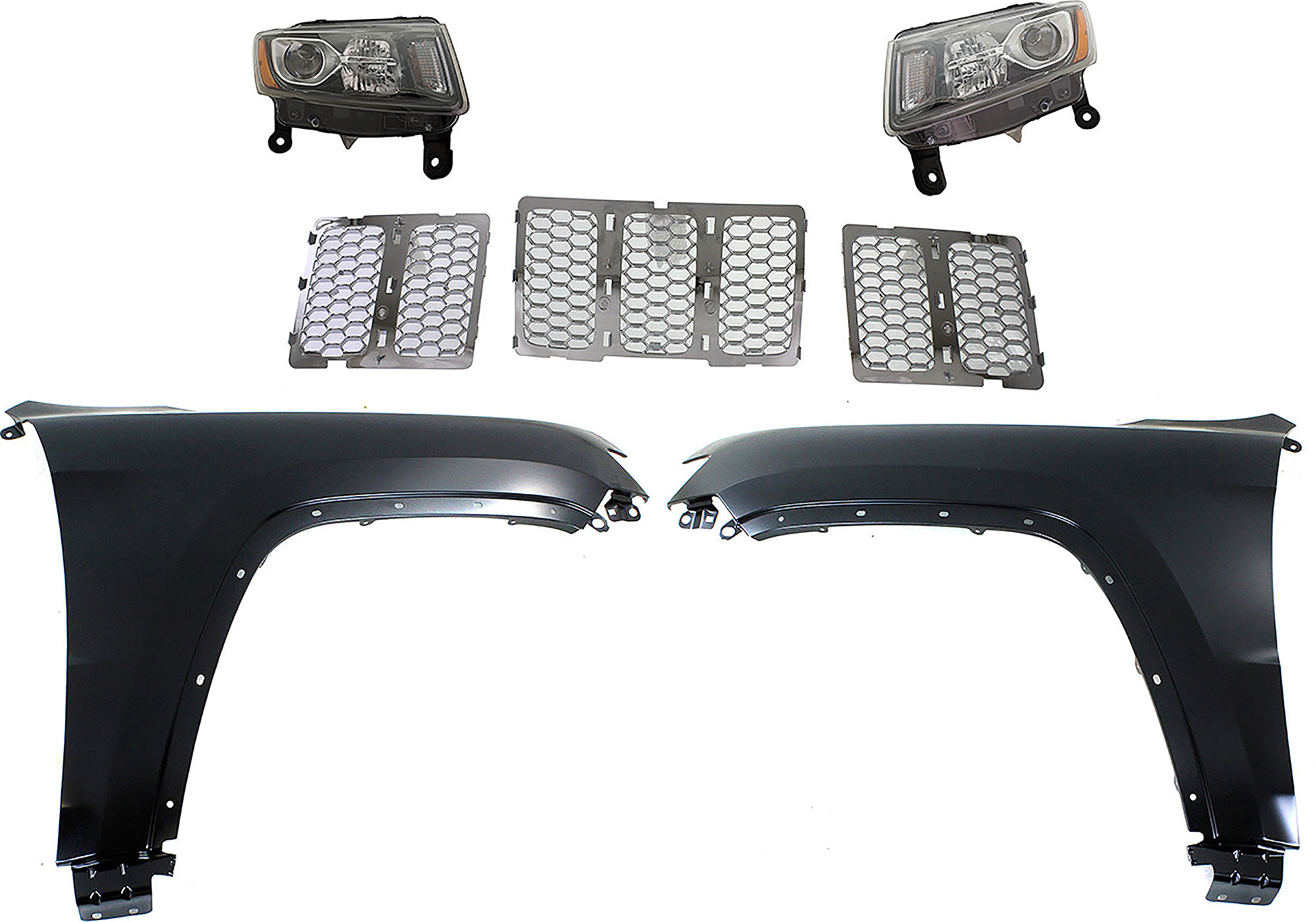 AM GRAND CHEROKEE 14-16 HEAD LAMP RH AND LH Assembly Halogen 5 pc Kit with Fenders and Grille Assembly CAPA SKU KIT 030823-116 Partslink CH1200366C CH1240272C CH1241272C CH2502308C CH2503308C OEM 55369596AF 55369597AF 68143075