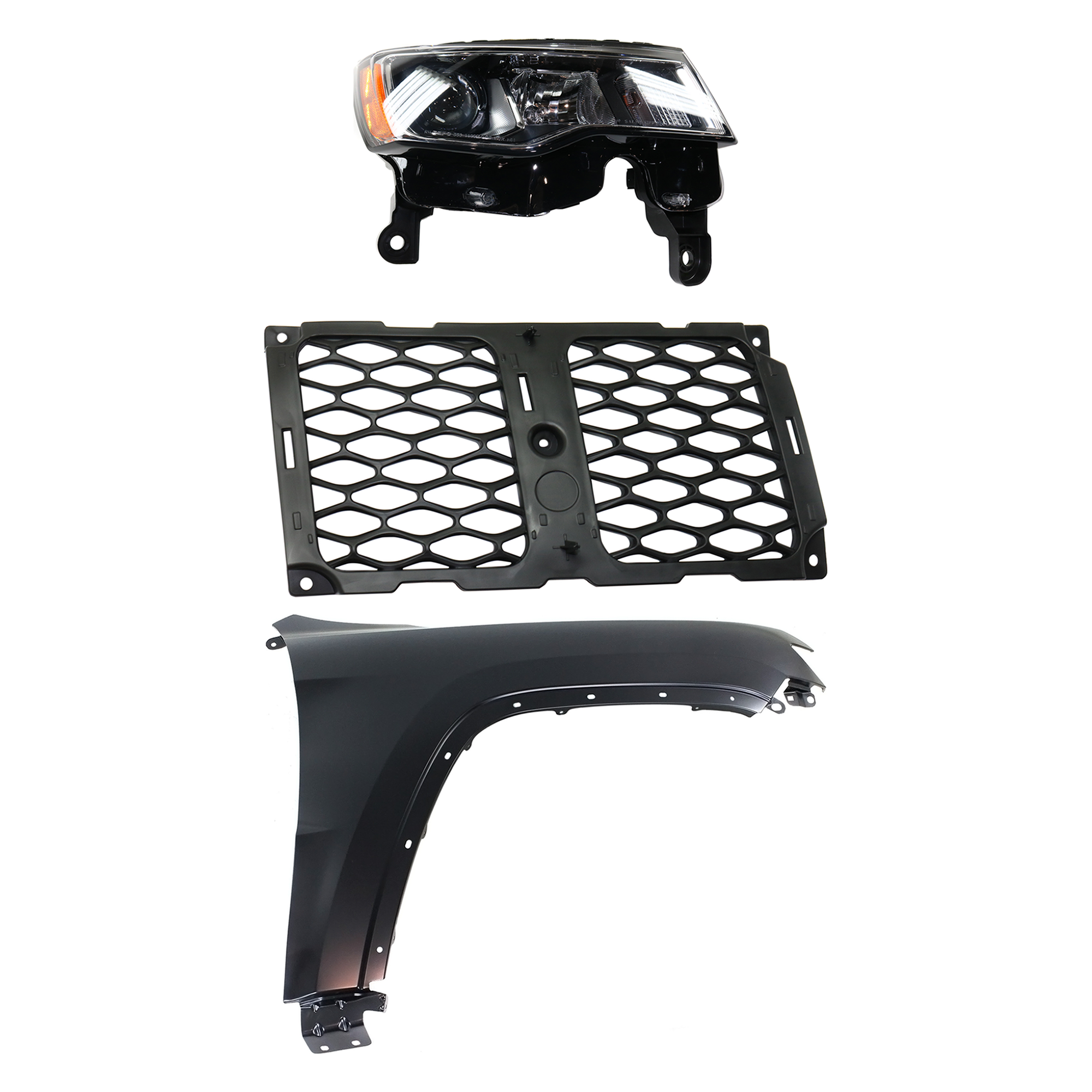 AM GRAND CHEROKEE 17-21 HEAD LAMP RH Assembly Halogen 3 pc Kit with Fender and Grille Assembly SKU KIT 030823-11701 Partslink CH2503297 CH1241272 CH1213105 OEM 68289234AE 55369596AF 68264285
