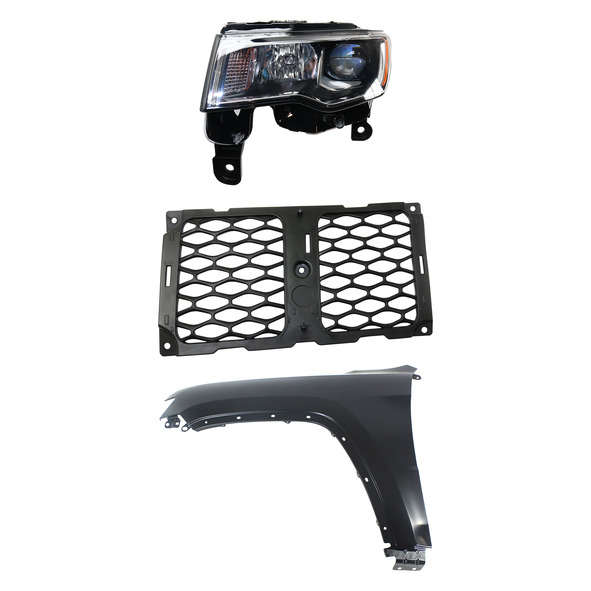 AM GRAND CHEROKEE 17-21 HEAD LAMP LH Assembly Halogen 3 pc Kit with Fender and Grille Assembly SKU KIT 030823-11702 Partslink CH2502297 CH1240272 CH1212105 OEM 68289235AE 55369597AF 68264287