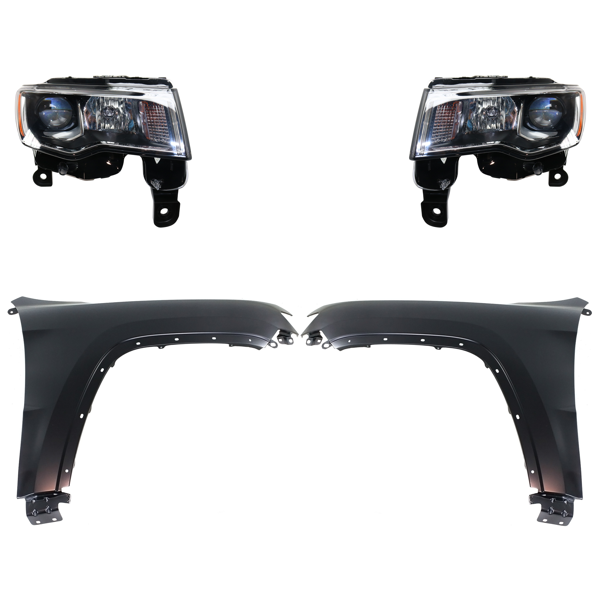 AM GRAND CHEROKEE 17-21 HEAD LAMP RH AND LH Assembly Halogen 4 pc Kit with Fenders SKU KIT 030823-11703 Partslink CH2502297 CH2503297 CH1240272 CH1241272 OEM 68289234AE 68289235AE 55369597