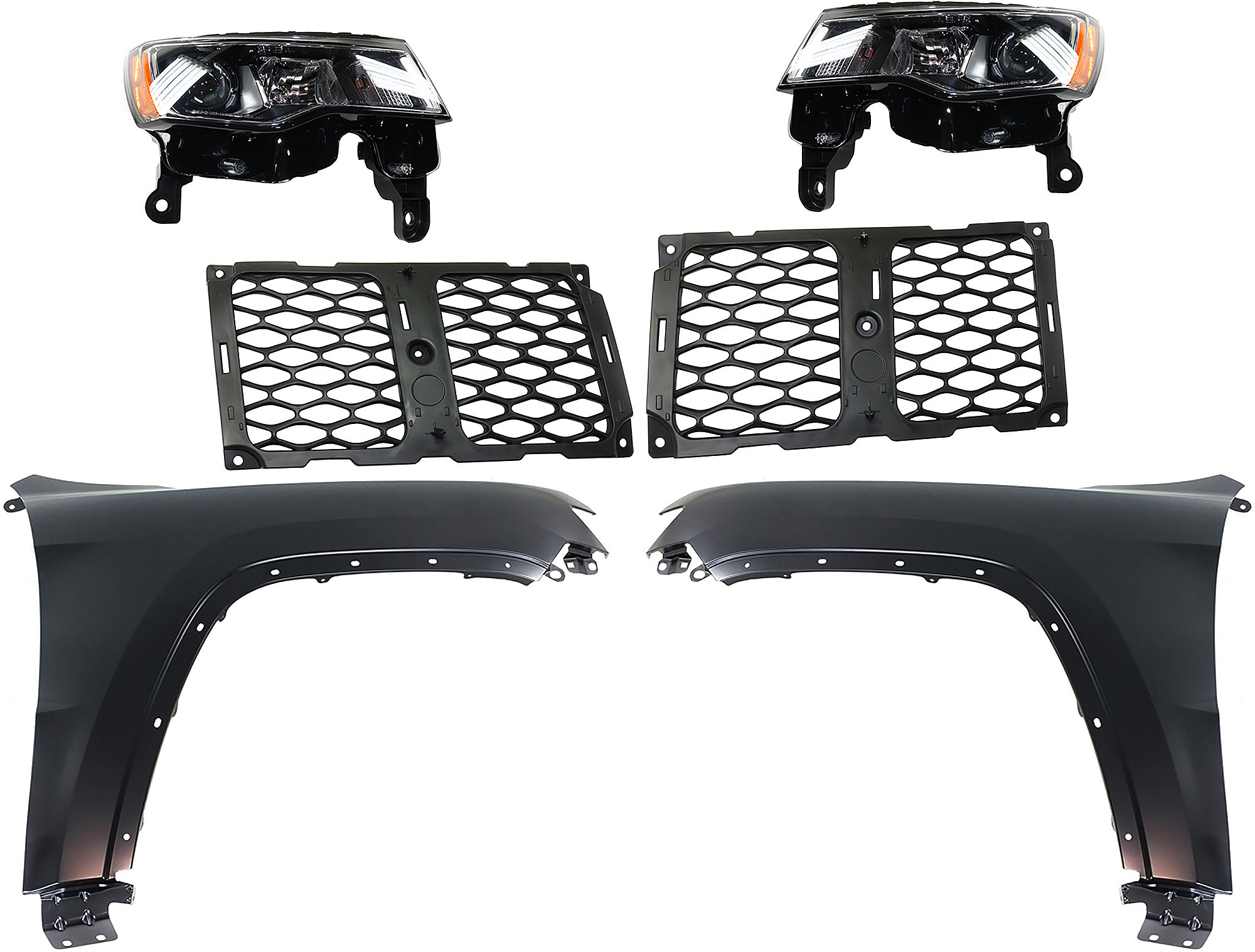 AM GRAND CHEROKEE 17-21 HEAD LAMP RH AND LH Assembly Halogen 6 pc Kit with Fenders and Grille Assembly SKU KIT 030823-117 Partslink CH2502297 CH2503297 CH1240272 CH1241272 CH1212105 CH1213105 OEM 68289234AE 68289235AE 55369597