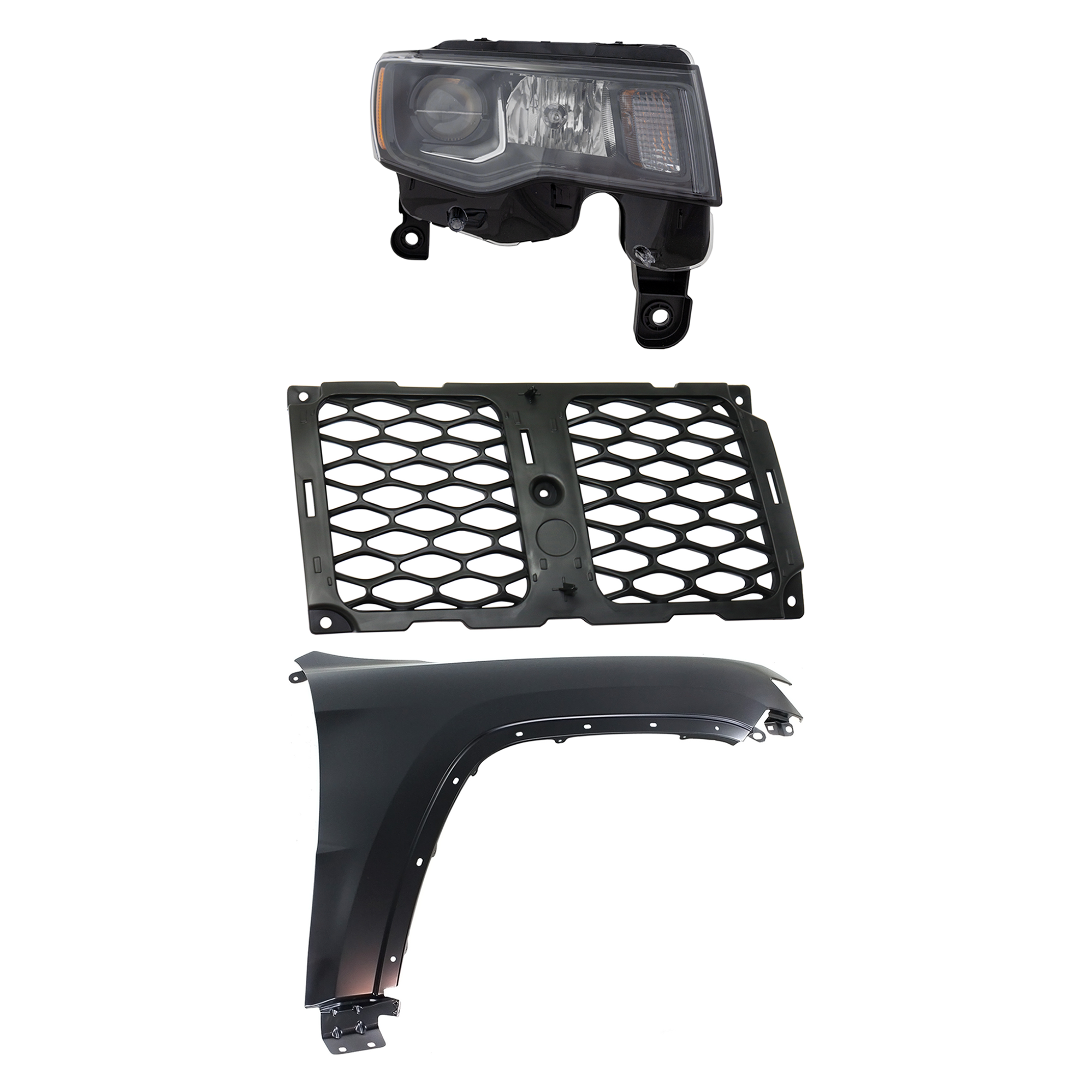 AM GRAND CHEROKEE 17-21 HEAD LAMP RH Assembly Halogen 3 pc Kit with Fender and Grille Assembly SKU KIT 030823-11801 Partslink CH2503309 CH1241272 CH1213105 OEM 68266646AE 55369596AF 68264285