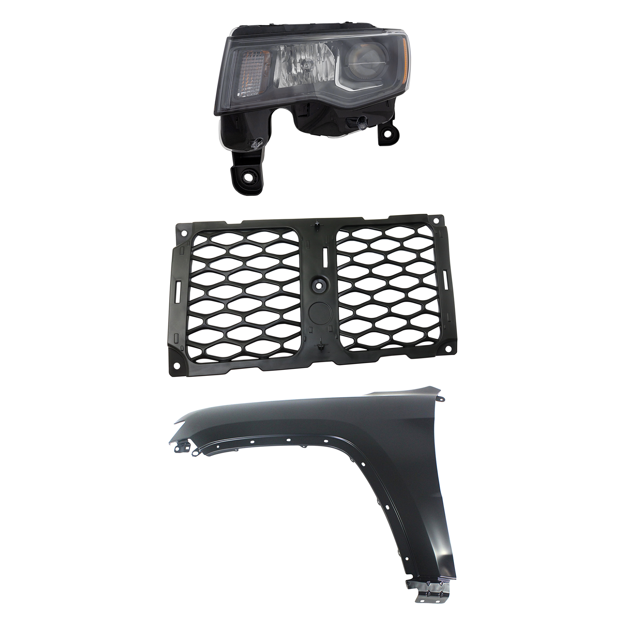 AM GRAND CHEROKEE 17-21 HEAD LAMP LH Assembly Halogen 3 pc Kit with Fender and Grille Assembly SKU KIT 030823-11802 Partslink CH2502309 CH1240272 CH1212105 OEM 68266647AE 55369597AF 68264287