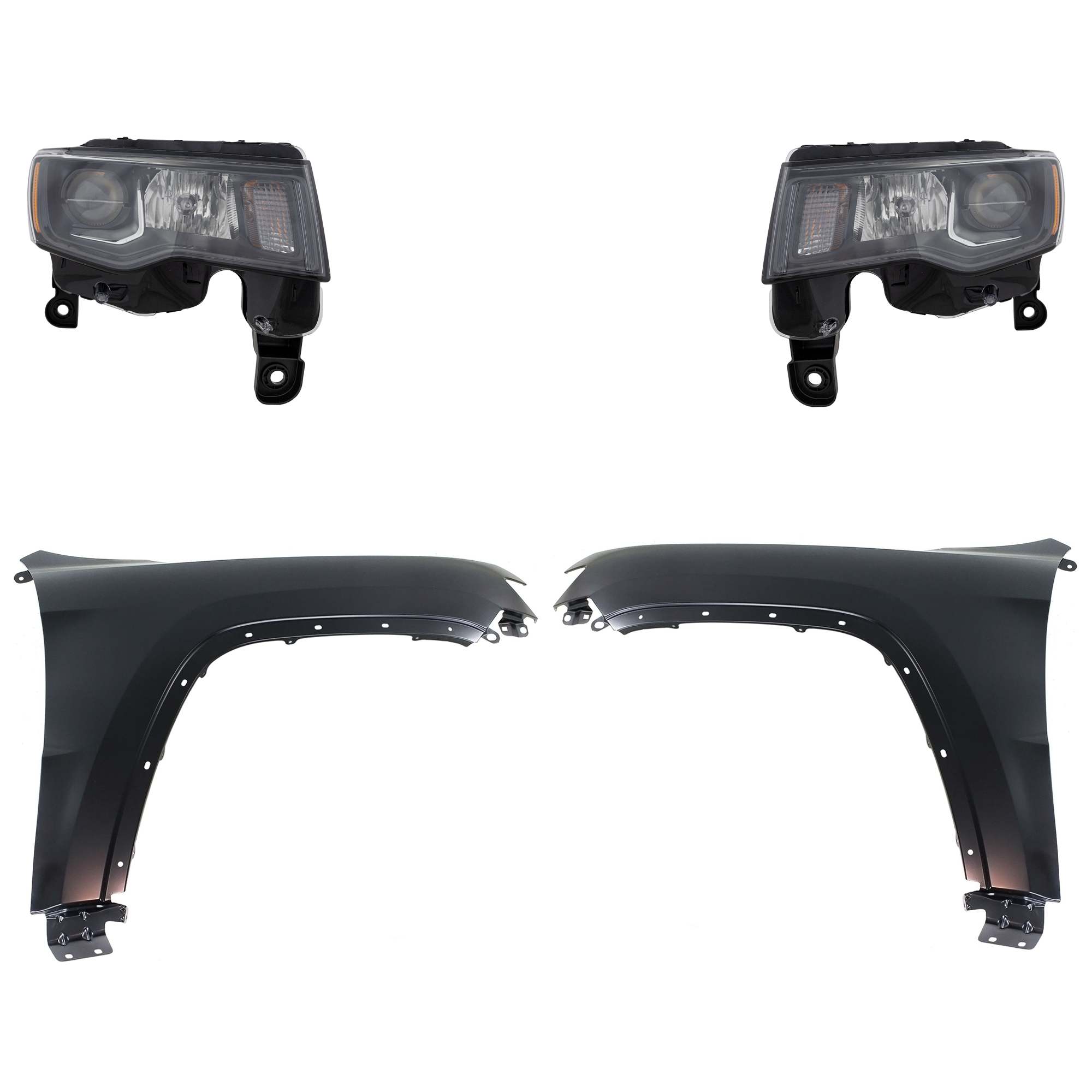AM GRAND CHEROKEE 17-21 HEAD LAMP RH AND LH Assembly Halogen 4 pc Kit with Fenders SKU KIT 030823-11803 Partslink CH2502309 CH2503309 CH1240272 CH1241272 OEM 68266646AE 68266647AE 55369597