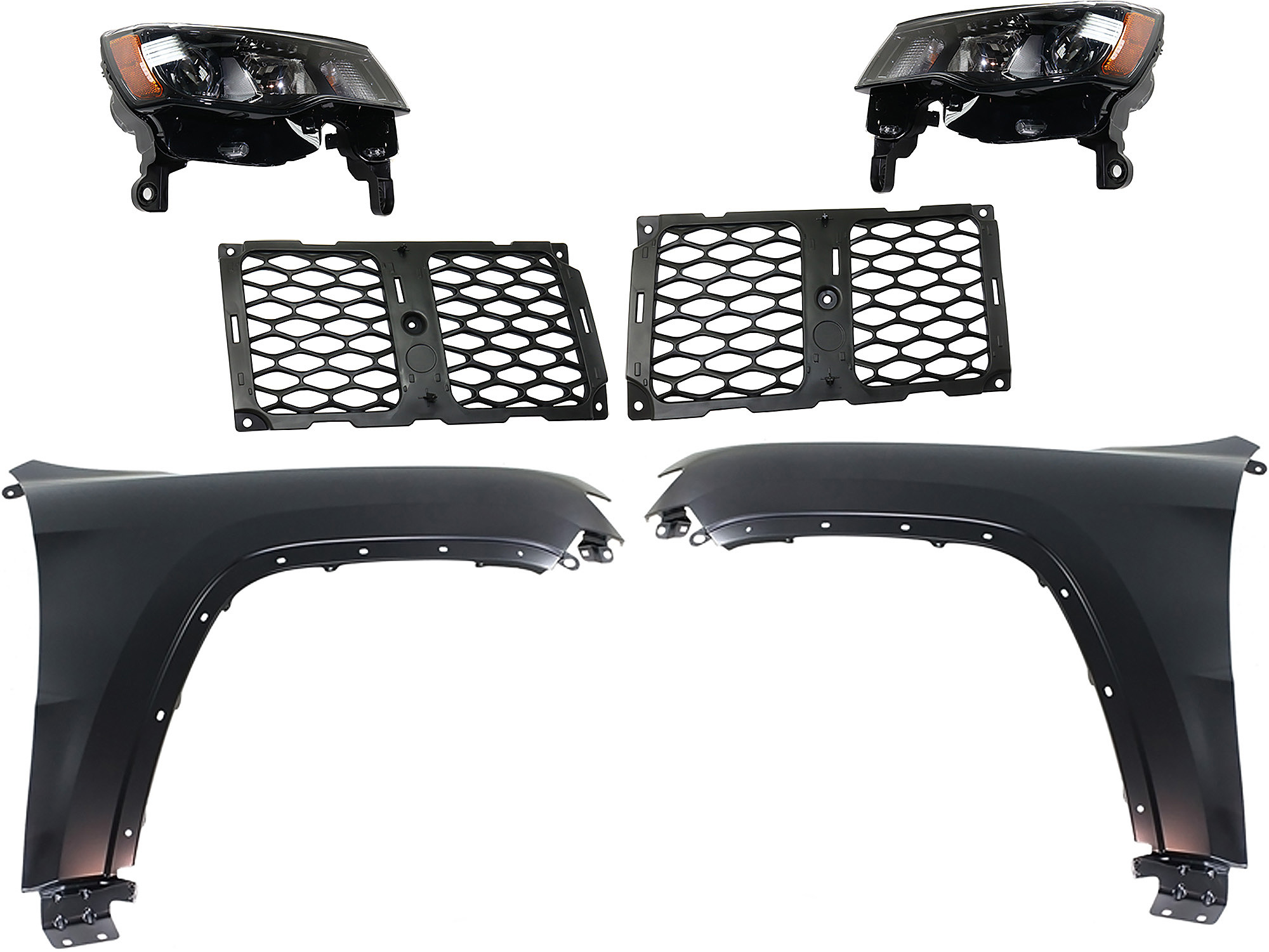AM GRAND CHEROKEE 17-21 HEAD LAMP RH AND LH Assembly Halogen 6 pc Kit with Fenders and Grille Assembly SKU KIT 030823-118 Partslink CH2502309 CH2503309 CH1240272 CH1241272 CH1212105 CH1213105 OEM 68266646AE 68266647AE 55369597