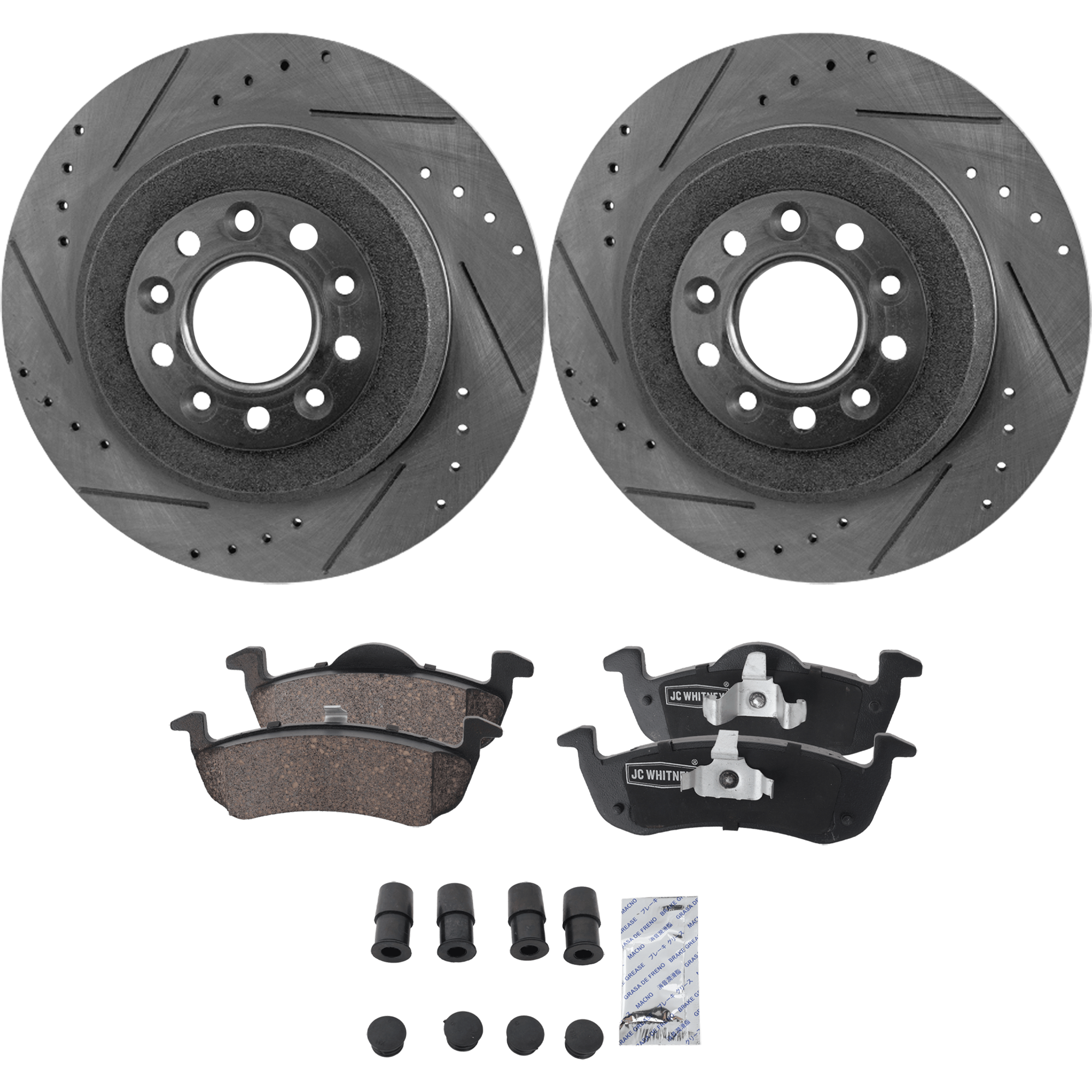AM MKT 13-19 REAR BRAKE DISC AND PAD KIT 4 pc kit Cross drilled and Slotted Ceramic SKU KIT 030823-11 OEM 19362-42146-42266-54125-54165