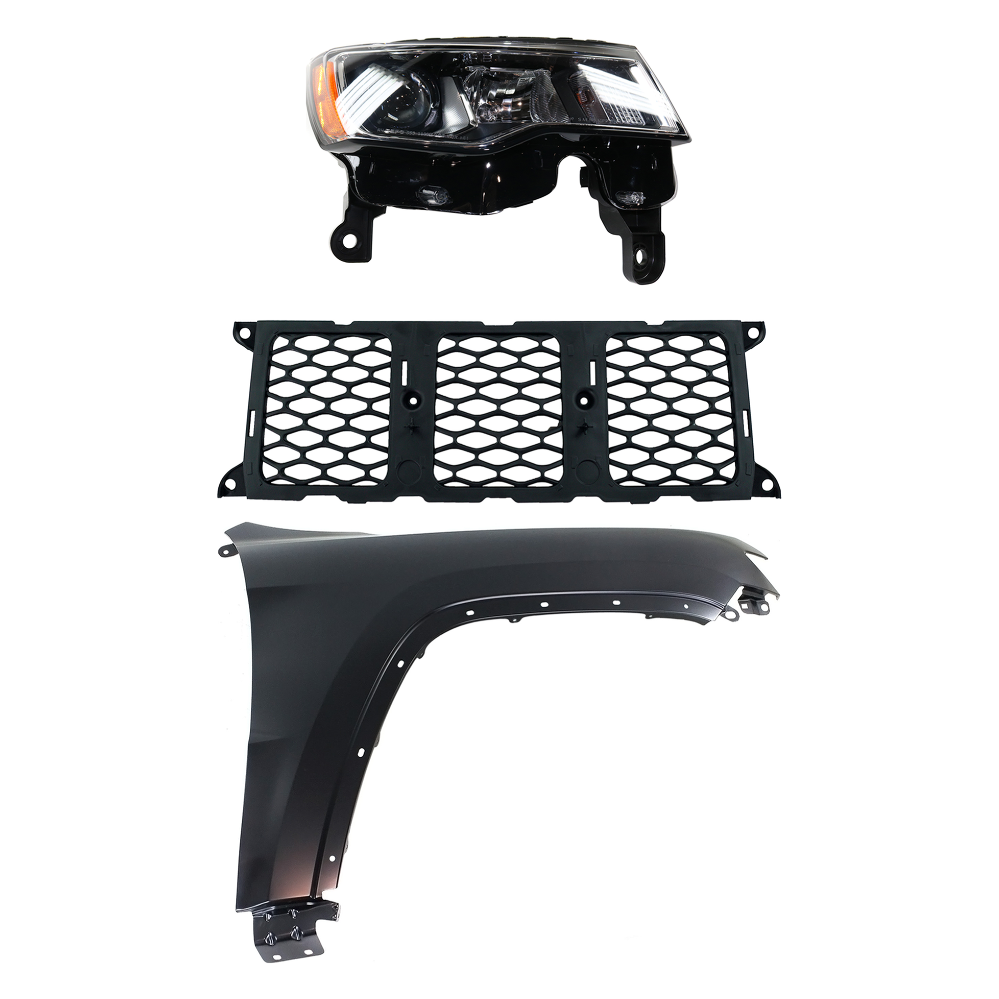 AM GRAND CHEROKEE 17-21 HEAD LAMP RH Assembly Halogen 3 pc Kit with Fender and Grille Assembly SKU KIT 030823-12101 Partslink CH2503297 CH1241272 CH1210123 OEM 68289234AE 55369596AF 68264286