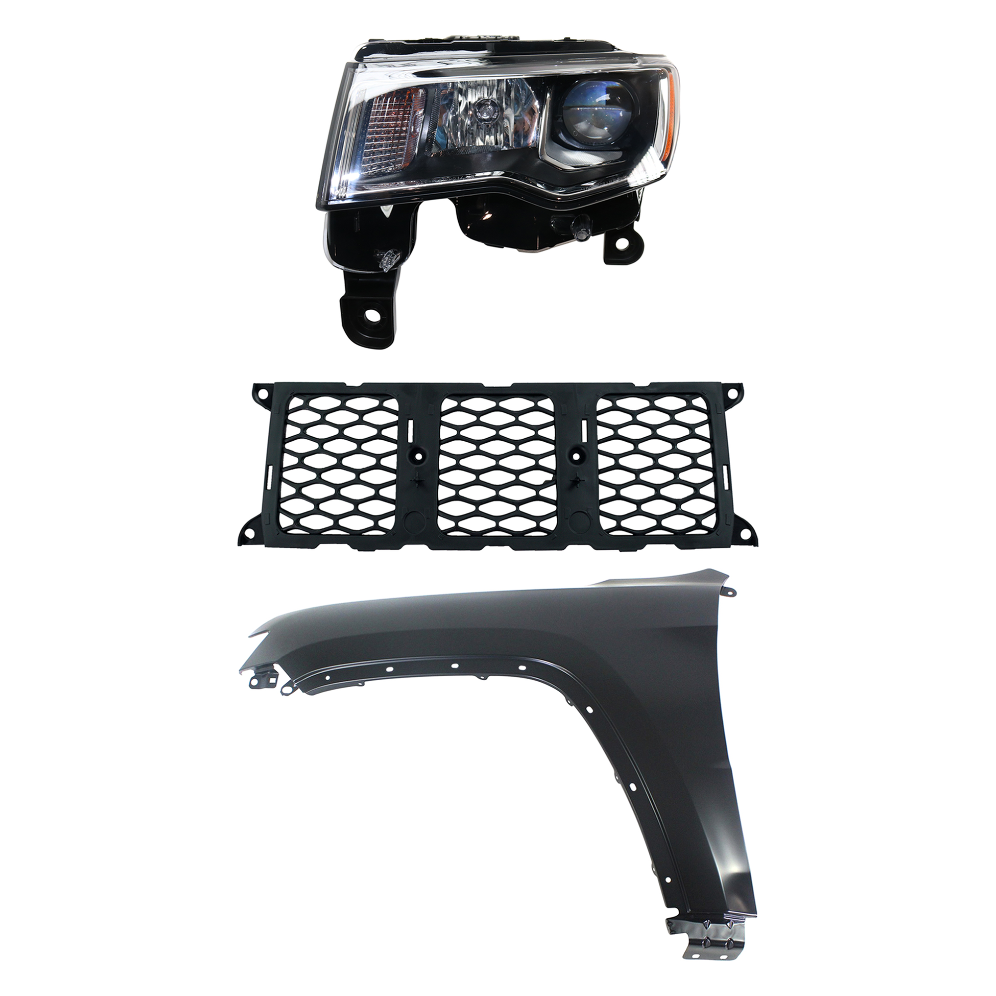 AM GRAND CHEROKEE 17-21 HEAD LAMP LH Assembly Halogen 3 pc Kit with Fender and Grille Assembly SKU KIT 030823-12102 Partslink CH2502297 CH1240272 CH1210123 OEM 68289235AE 55369597AF 68264286