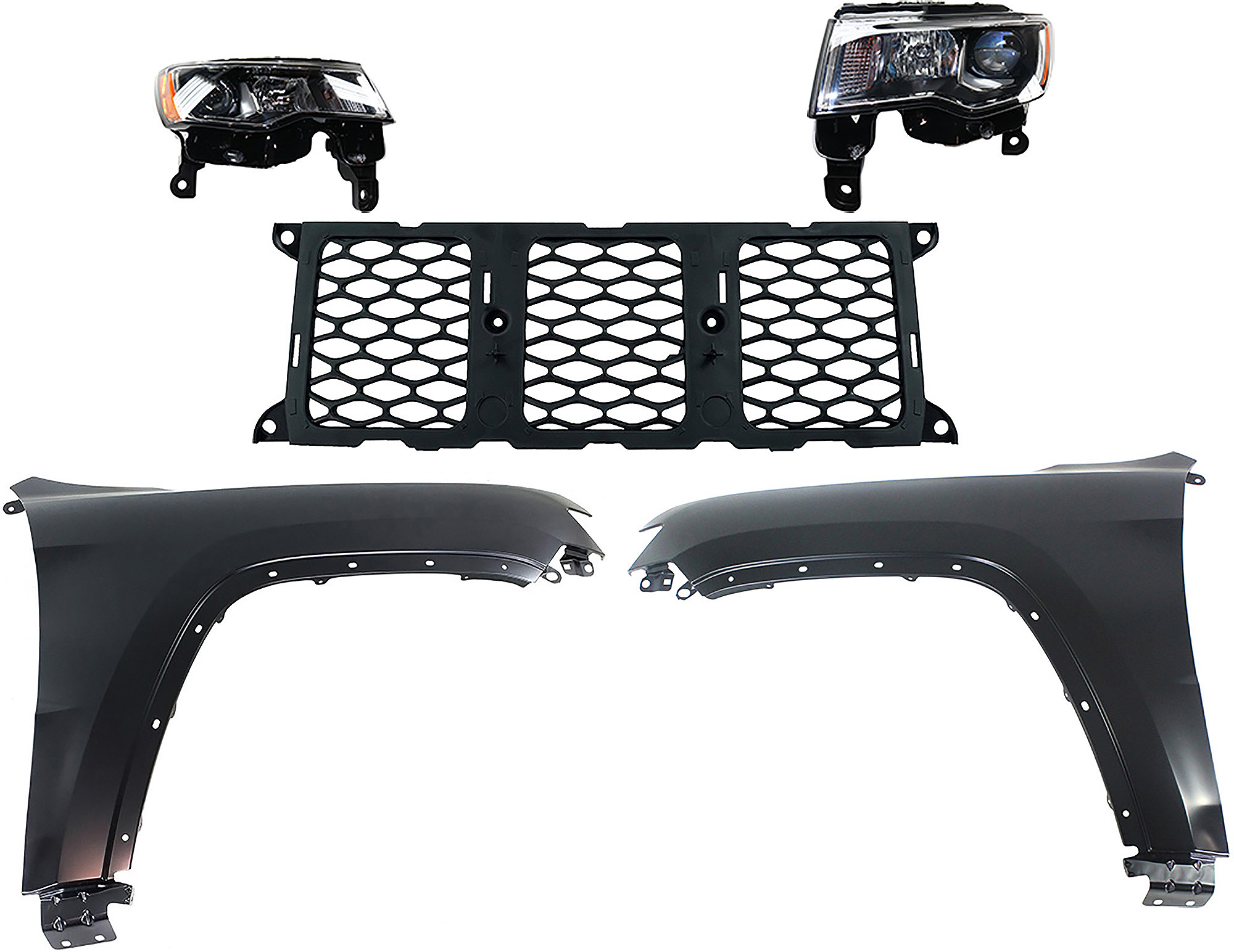 AM GRAND CHEROKEE 17-21 HEAD LAMP RH AND LH Assembly Halogen 5 pc Kit with Fenders and Grille Assembly SKU KIT 030823-121 Partslink CH2502297 CH2503297 CH1240272 CH1241272 CH1210123 OEM 68289234AE 68289235AE 55369597