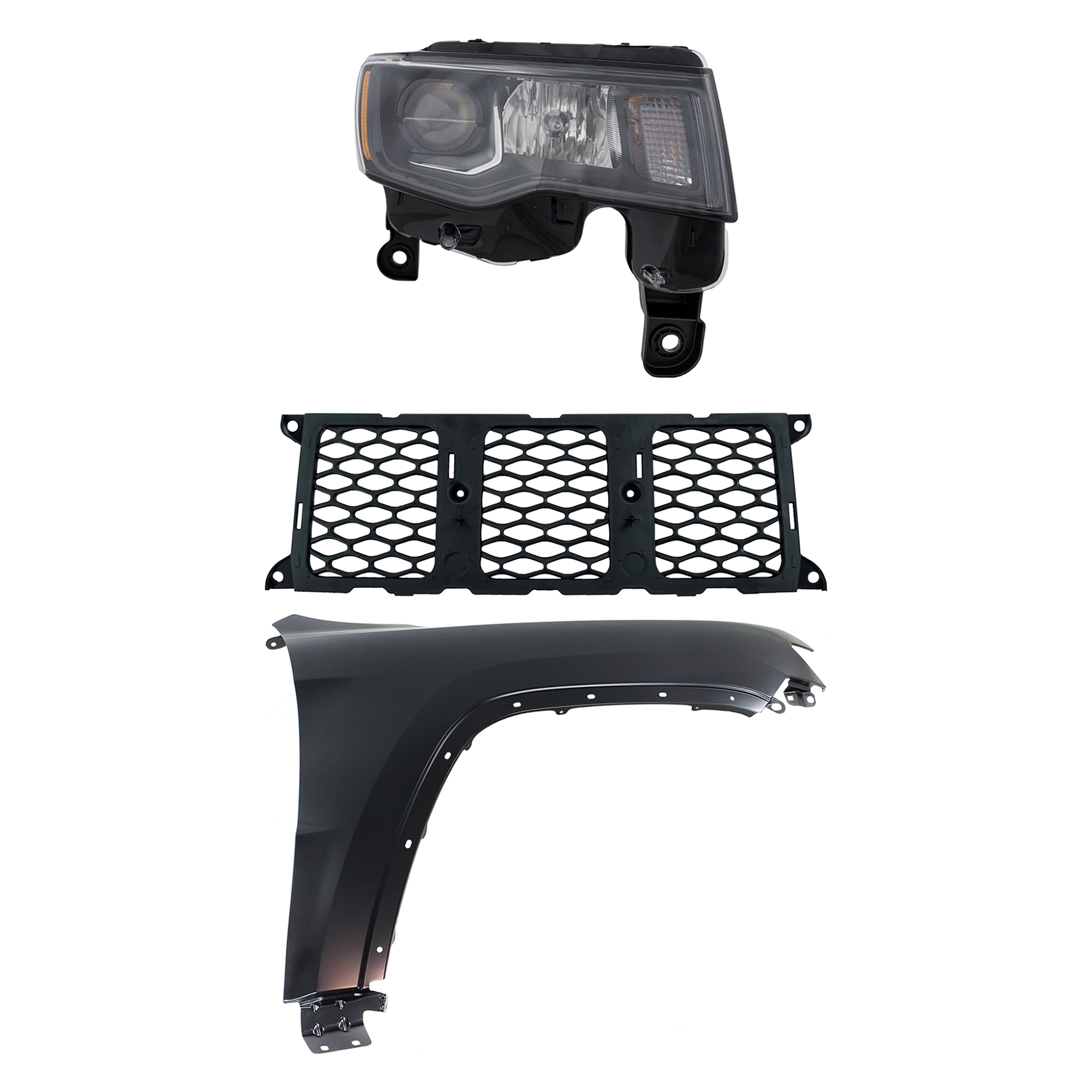 AM GRAND CHEROKEE 17-21 HEAD LAMP RH Assembly Halogen 3 pc Kit with Fender and Grille Assembly SKU KIT 030823-12201 Partslink CH2503309 CH1241272 CH1210123 OEM 68266646AE 55369596AF 68264286