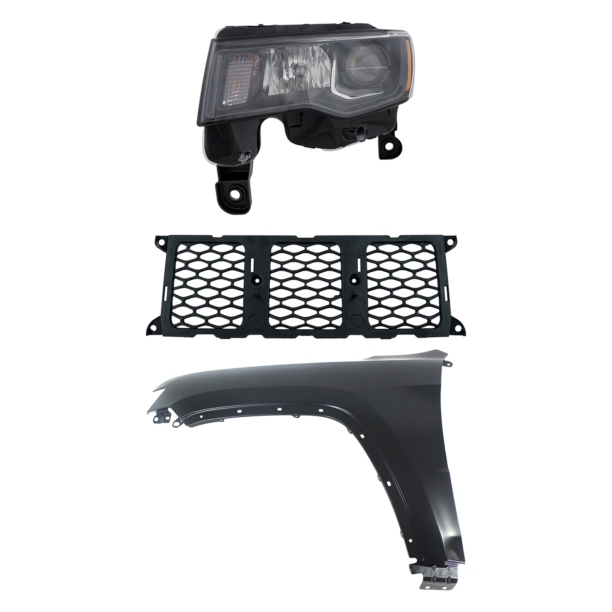 AM GRAND CHEROKEE 17-21 HEAD LAMP LH Assembly Halogen 3 pc Kit with Fender and Grille Assembly SKU KIT 030823-12202 Partslink CH2502309 CH1240272 CH1210123 OEM 68266647AE 55369597AF 68264286