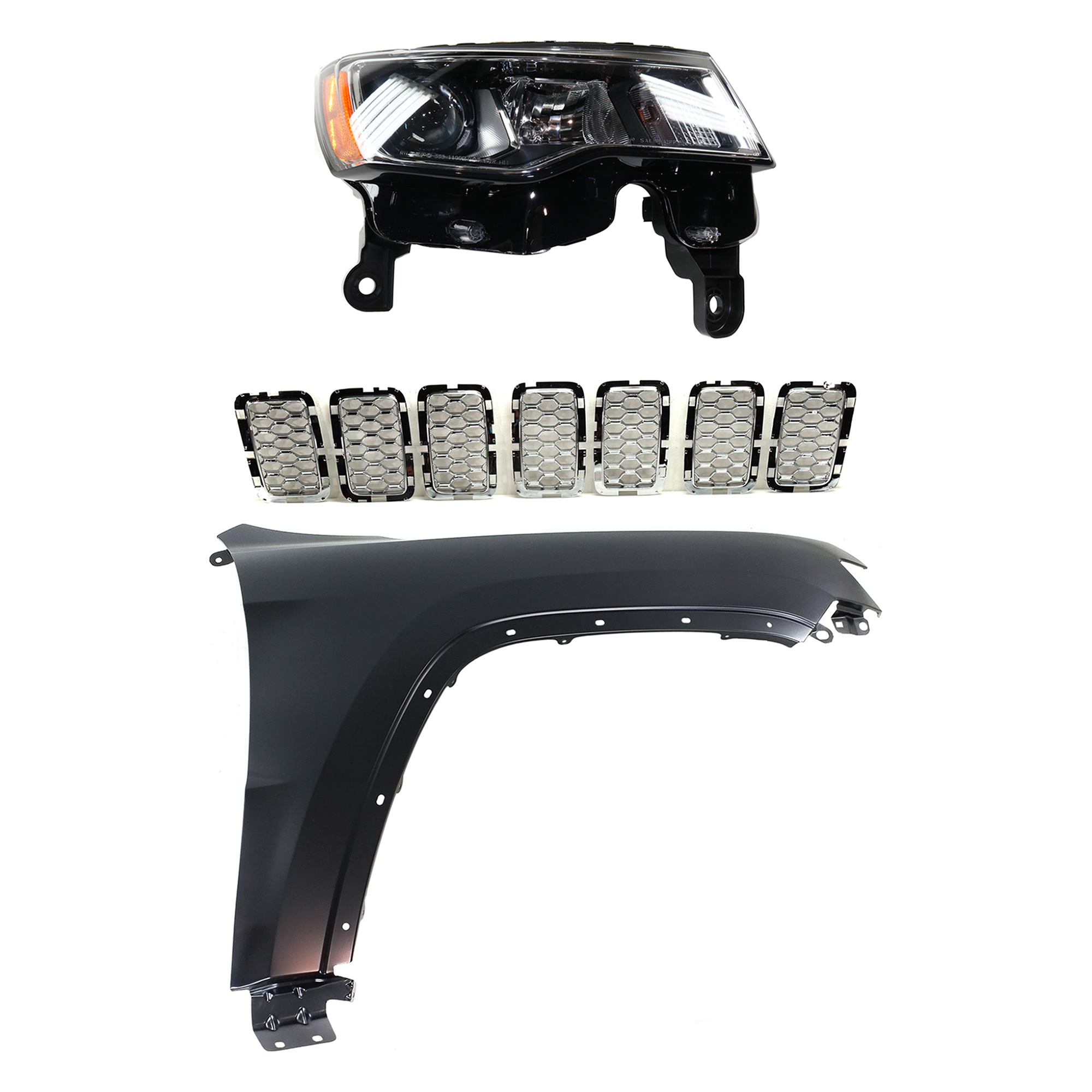 AM GRAND CHEROKEE 17-21 HEAD LAMP RH Assembly Halogen 3 pc Kit with Fender and Grille Assembly SKU KIT 030823-12301 Partslink CH2503297 CH1241272 CH1201113 OEM 68289234AE 55369596AF 6NZ03SZ0