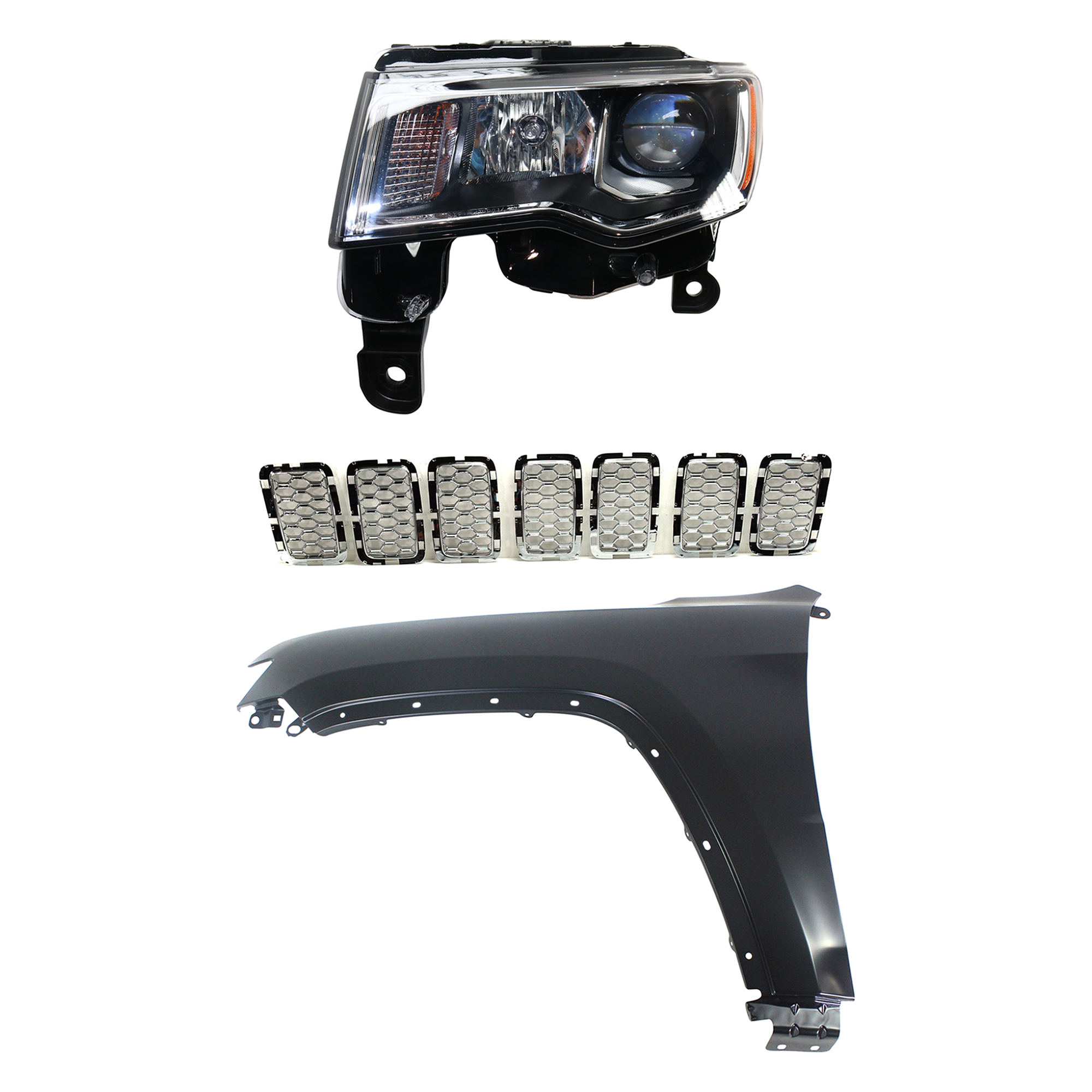 AM GRAND CHEROKEE 17-21 HEAD LAMP LH Assembly Halogen 3 pc Kit with Fender and Grille Assembly SKU KIT 030823-12302 Partslink CH2502297 CH1240272 CH1201113 OEM 68289235AE 55369597AF 6NZ03SZ0