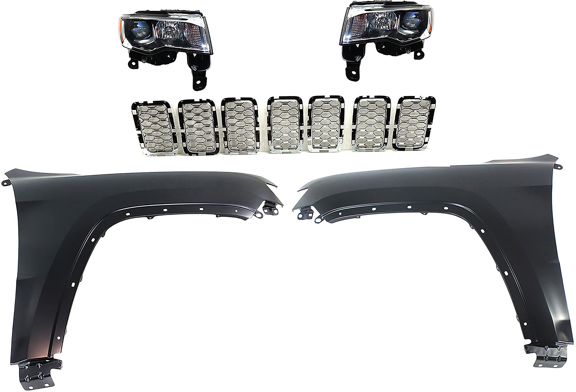 AM GRAND CHEROKEE 17-21 HEAD LAMP RH AND LH Assembly Halogen 5 pc Kit with Fenders and Grille Assembly SKU KIT 030823-123 Partslink CH2502297 CH2503297 CH1240272 CH1241272 CH1201113 OEM 68289234AE 68289235AE 55369597