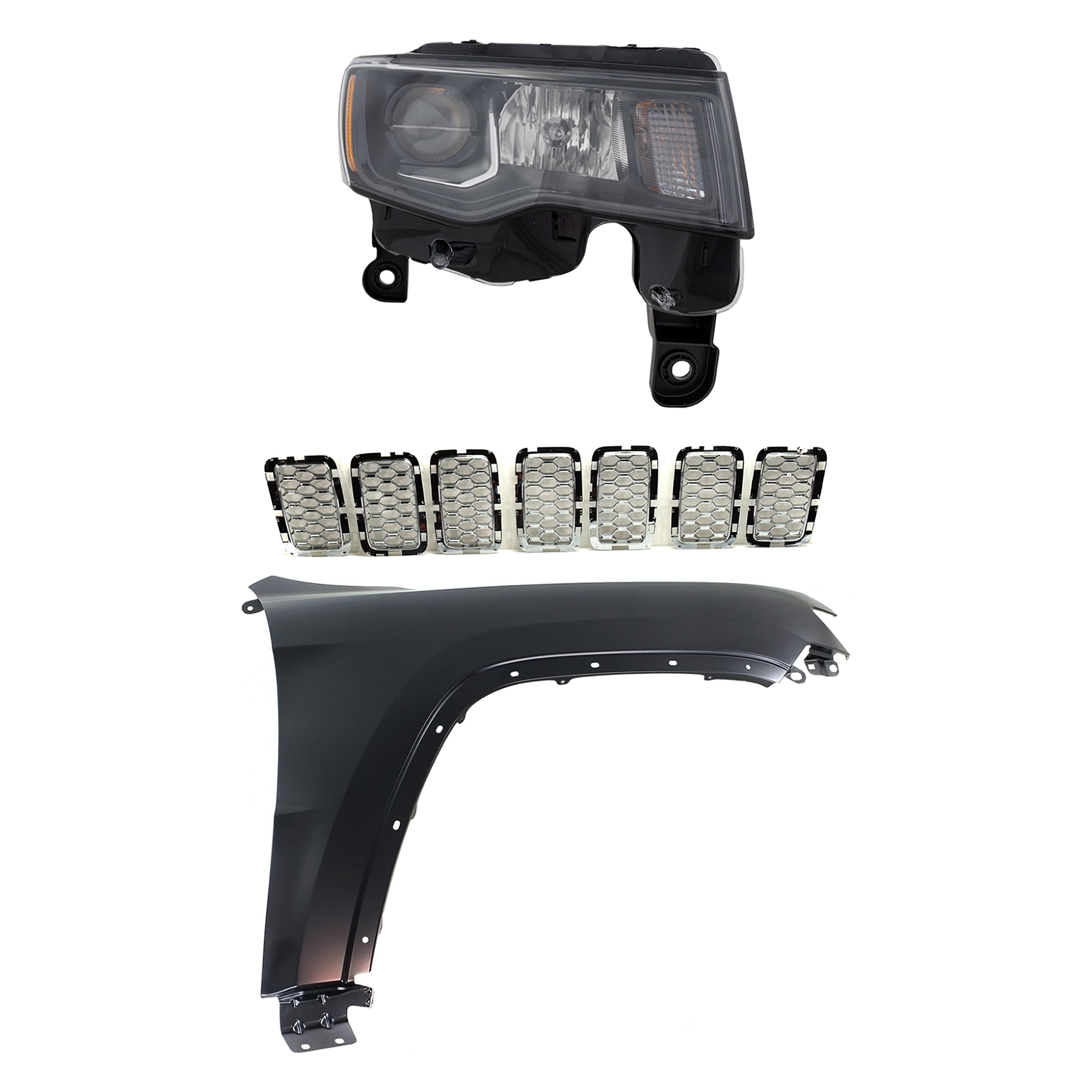 AM GRAND CHEROKEE 17-21 HEAD LAMP RH Assembly Halogen 3 pc Kit with Fender and Grille Assembly SKU KIT 030823-12401 Partslink CH2503309 CH1241272 CH1201113 OEM 68266646AE 55369596AF 6NZ03SZ0