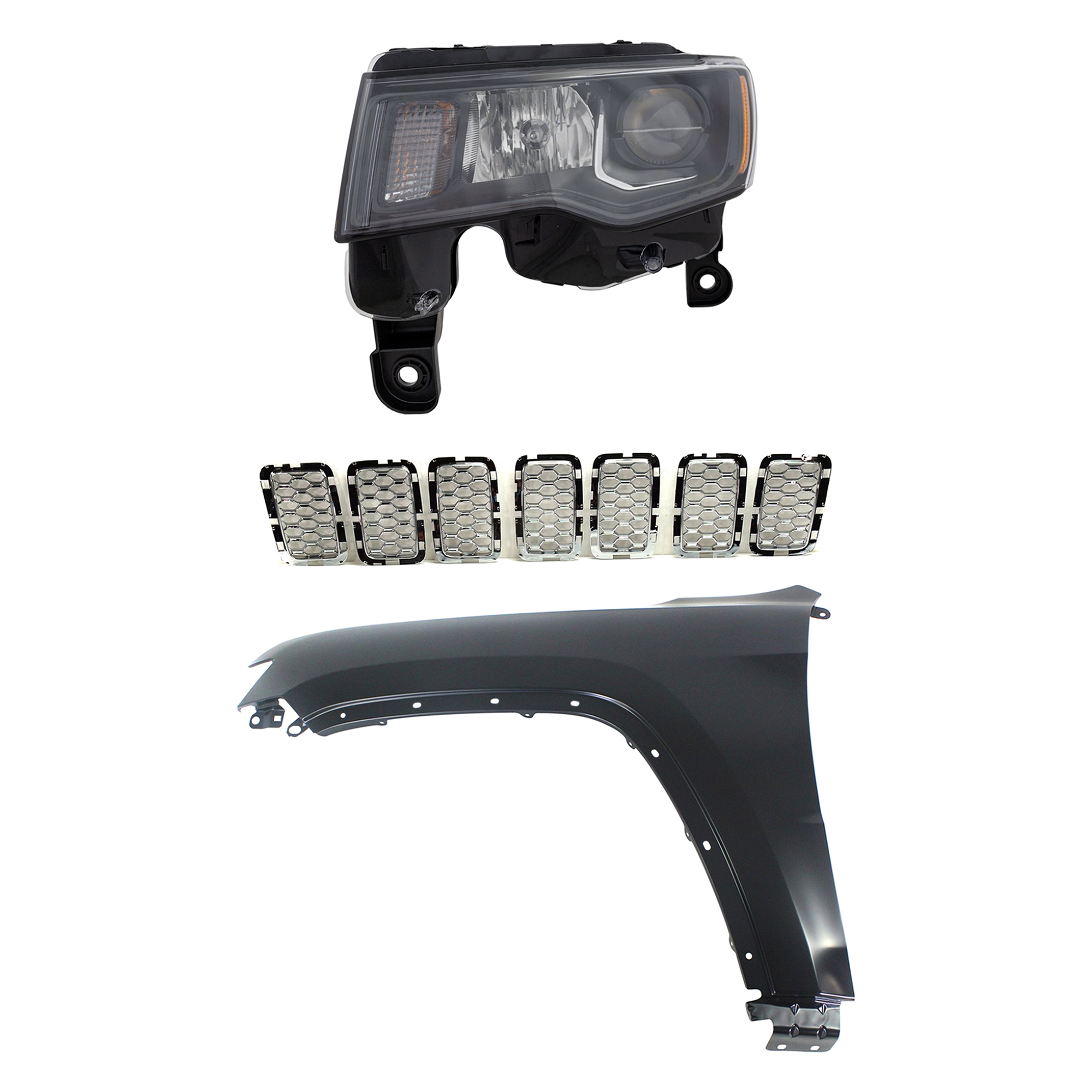 AM GRAND CHEROKEE 17-21 HEAD LAMP LH Assembly Halogen 3 pc Kit with Fender and Grille Assembly SKU KIT 030823-12402 Partslink CH2502309 CH1240272 CH1201113 OEM 68266647AE 55369597AF 6NZ03SZ0