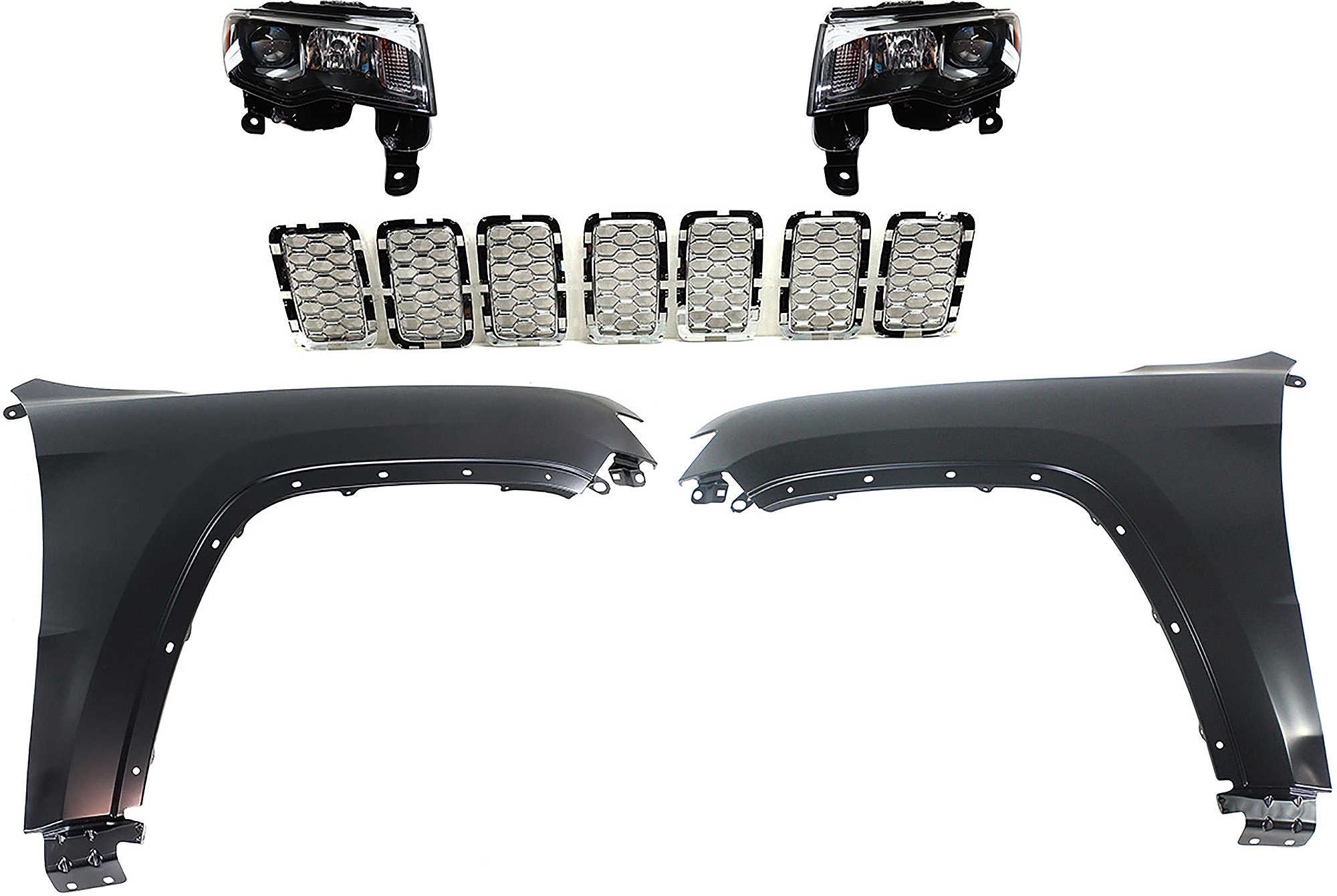 AM GRAND CHEROKEE 17-21 HEAD LAMP RH AND LH Assembly Halogen 5 pc Kit with Fenders and Grille Assembly SKU KIT 030823-124 Partslink CH2502309 CH2503309 CH1240272 CH1241272 CH1201113 OEM 68266646AE 68266647AE 55369597