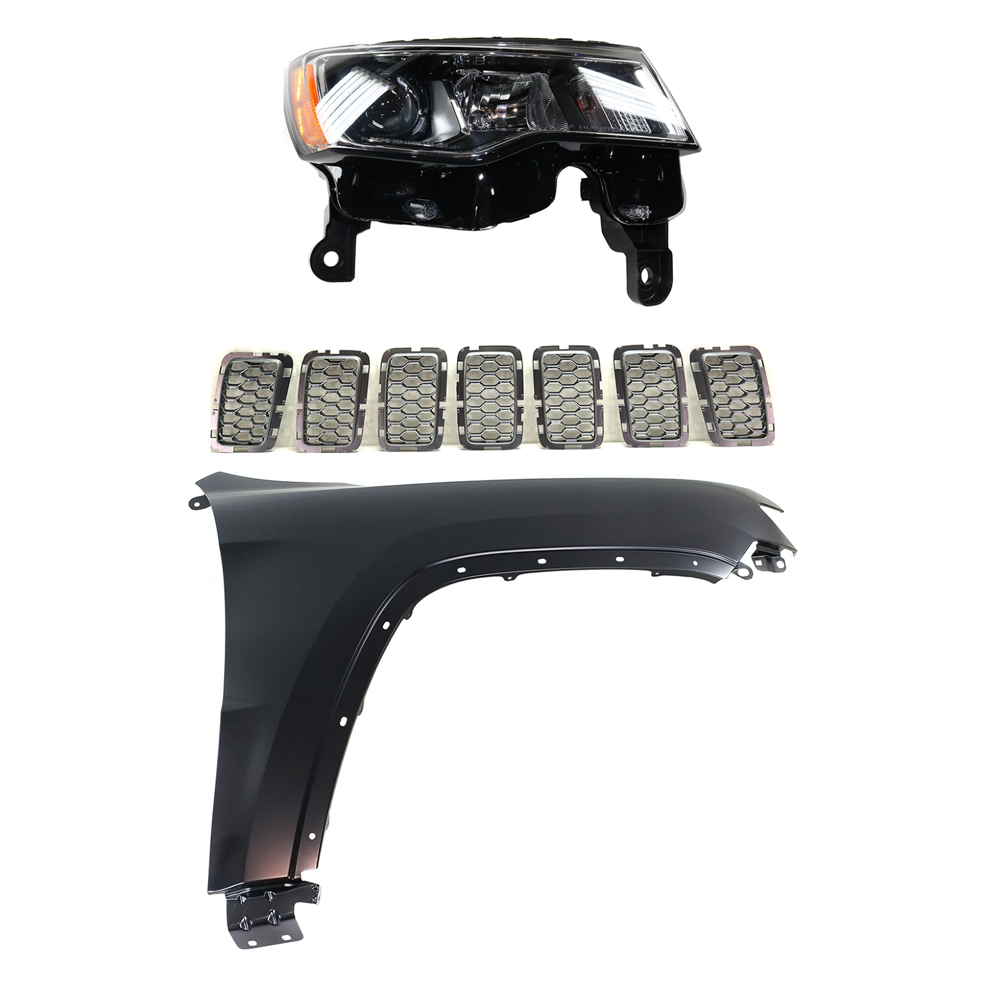 AM GRAND CHEROKEE 17-21 HEAD LAMP RH Assembly Halogen 3 pc Kit with Fender and Grille Assembly SKU KIT 030823-12501 Partslink CH2503297 CH1241272 CH1201114 OEM 68289234AE 55369596AF 6NZ02SZ7