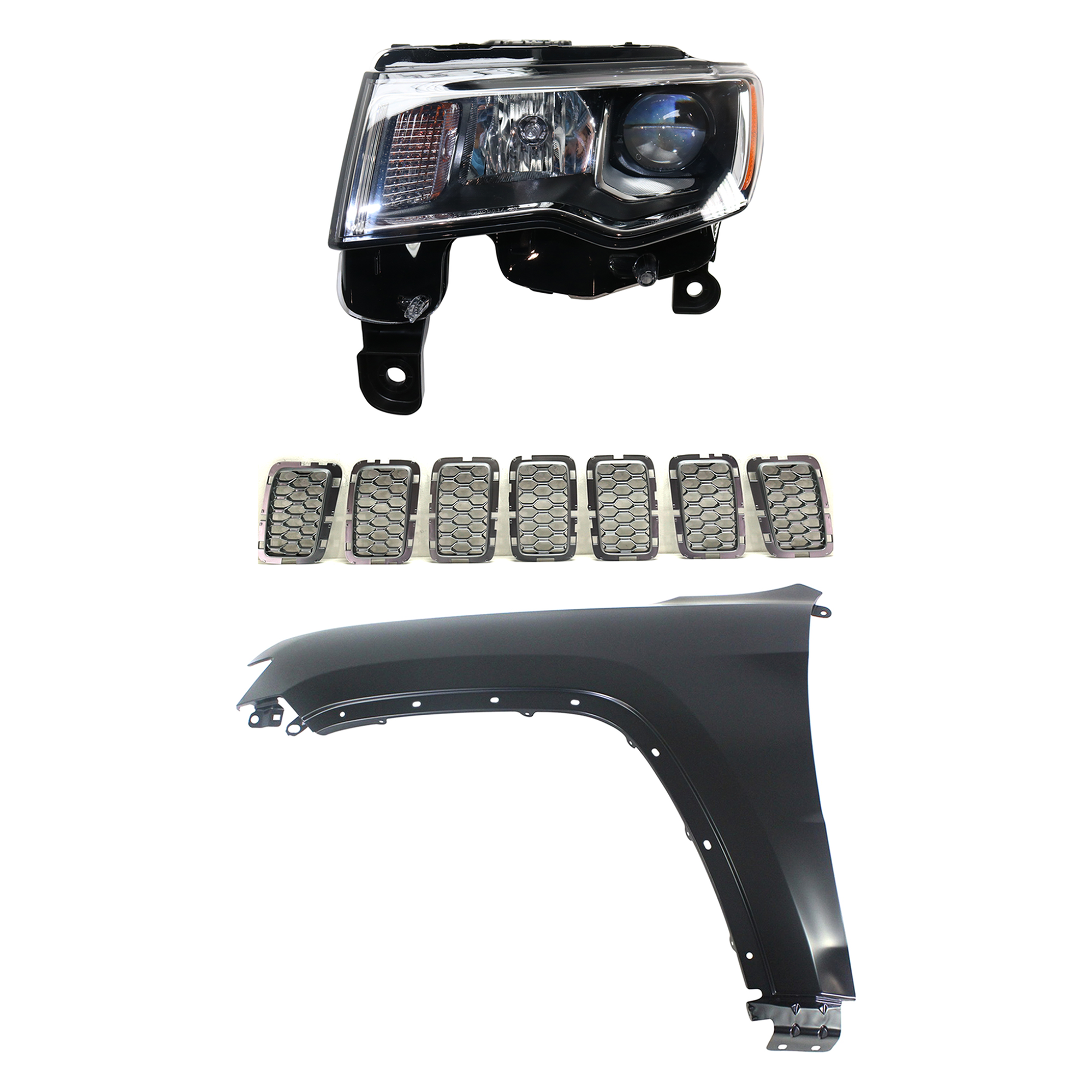 AM GRAND CHEROKEE 17-21 HEAD LAMP LH Assembly Halogen 3 pc Kit with Fender and Grille Assembly SKU KIT 030823-12502 Partslink CH2502297 CH1240272 CH1201114 OEM 68289235AE 55369597AF 6NZ02SZ7