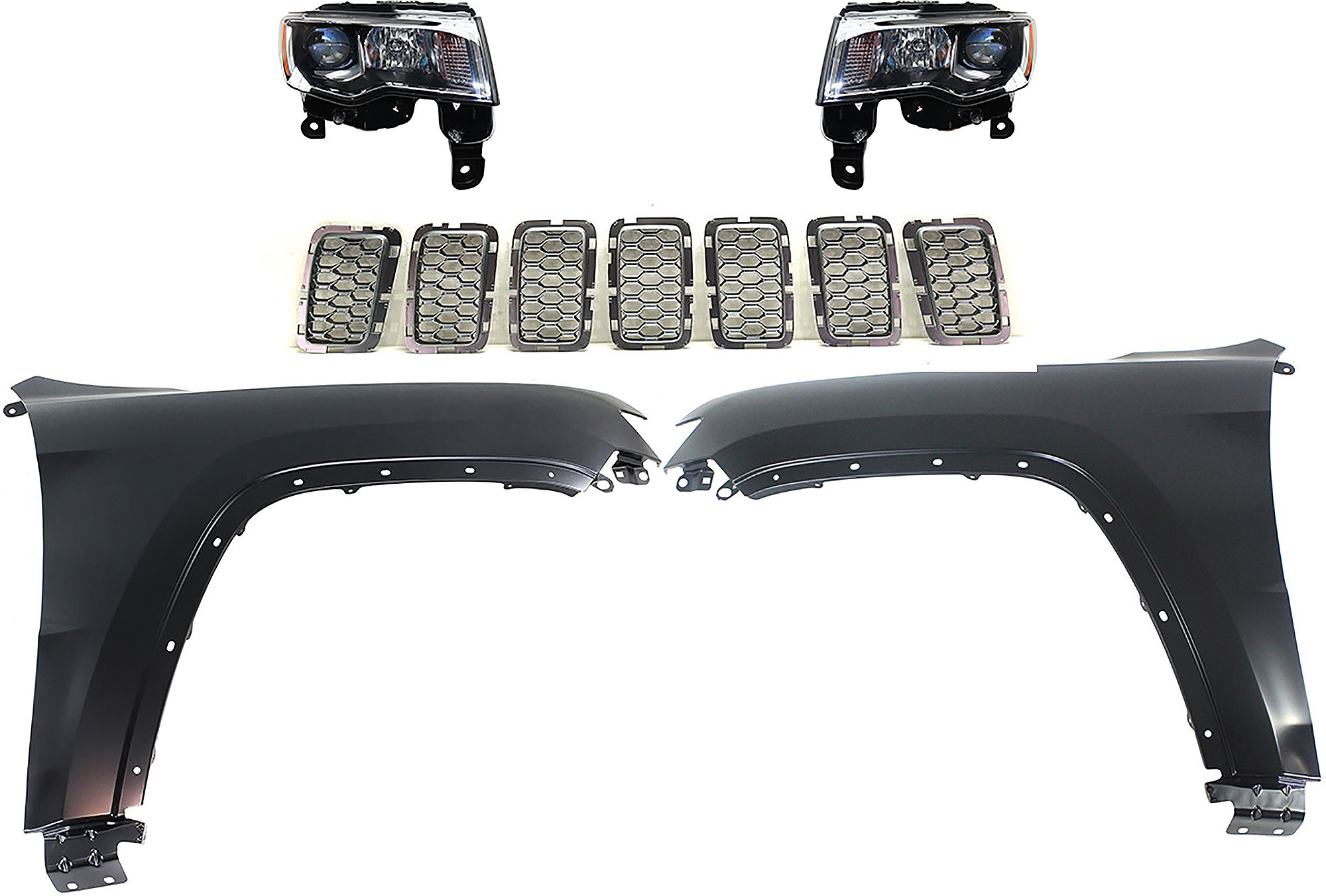 AM GRAND CHEROKEE 17-21 HEAD LAMP RH AND LH Assembly Halogen 5 pc Kit with Fenders and Grille Assembly SKU KIT 030823-125 Partslink CH2502297 CH2503297 CH1240272 CH1241272 CH1201114 OEM 68289234AE 68289235AE 55369597