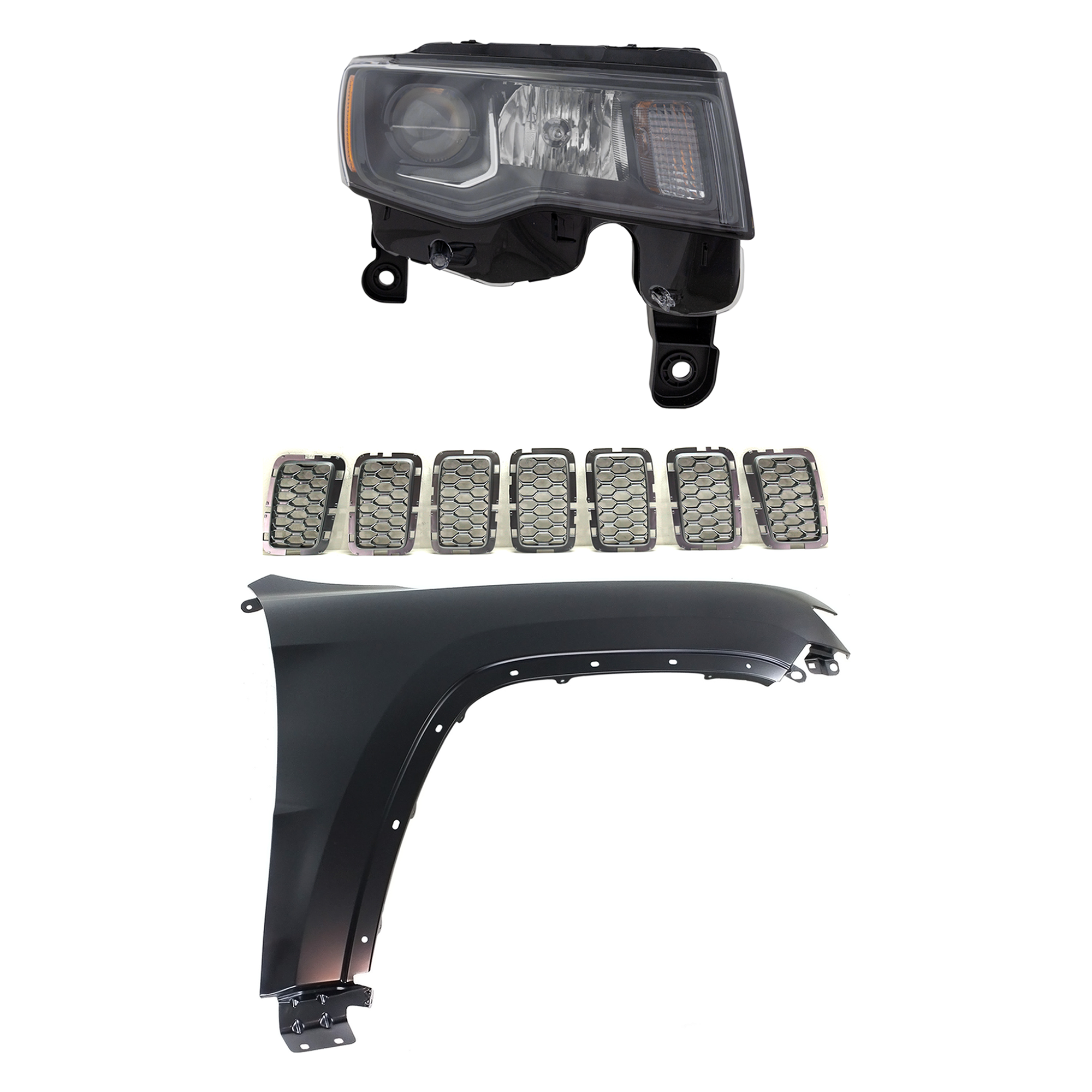 AM GRAND CHEROKEE 17-21 HEAD LAMP RH Assembly Halogen 3 pc Kit with Fender and Grille Assembly SKU KIT 030823-12601 Partslink CH2503309 CH1241272 CH1201114 OEM 68266646AE 55369596AF 6NZ02SZ7