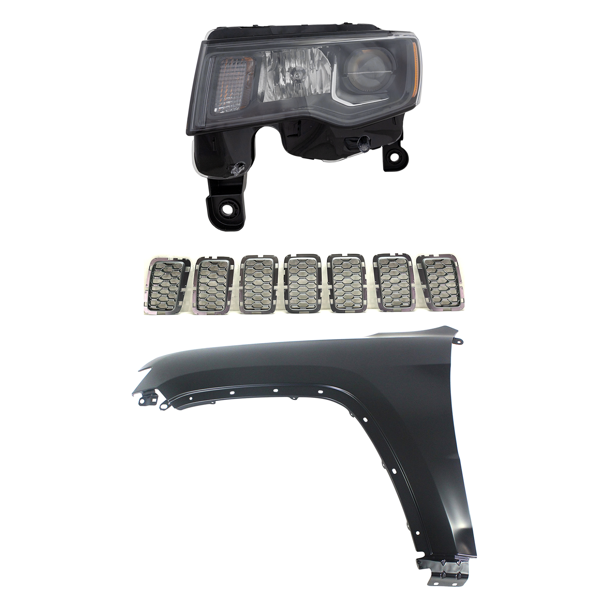 AM GRAND CHEROKEE 17-21 HEAD LAMP LH Assembly Halogen 3 pc Kit with Fender and Grille Assembly SKU KIT 030823-12602 Partslink CH2502309 CH1240272 CH1201114 OEM 68266647AE 55369597AF 6NZ02SZ7