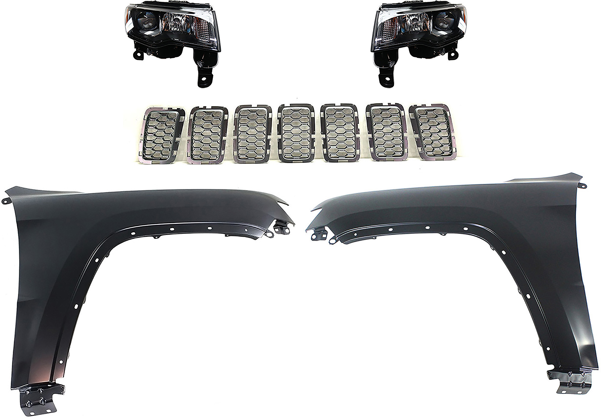AM GRAND CHEROKEE 17-21 HEAD LAMP RH AND LH Assembly Halogen 5 pc Kit with Fenders and Grille Assembly SKU KIT 030823-126 Partslink CH2502309 CH2503309 CH1240272 CH1241272 CH1201114 OEM 68266646AE 68266647AE 55369597
