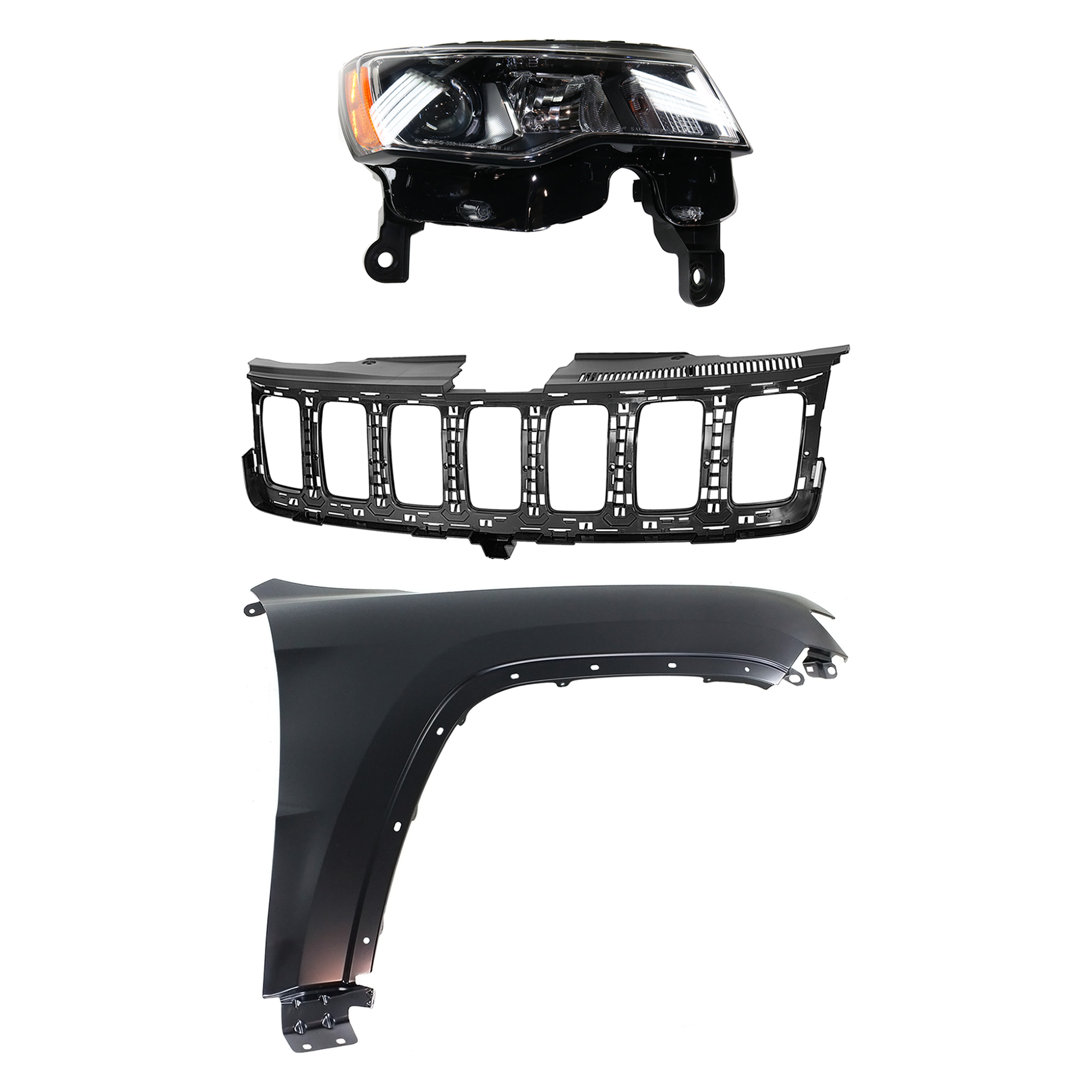 AM GRAND CHEROKEE 17-21 HEAD LAMP RH Assembly Halogen 3 pc Kit with Fender and Grille Assembly SKU KIT 030823-12701 Partslink CH2503297 CH1241272 CH1200401 OEM 68289234AE 55369596AF 68258419