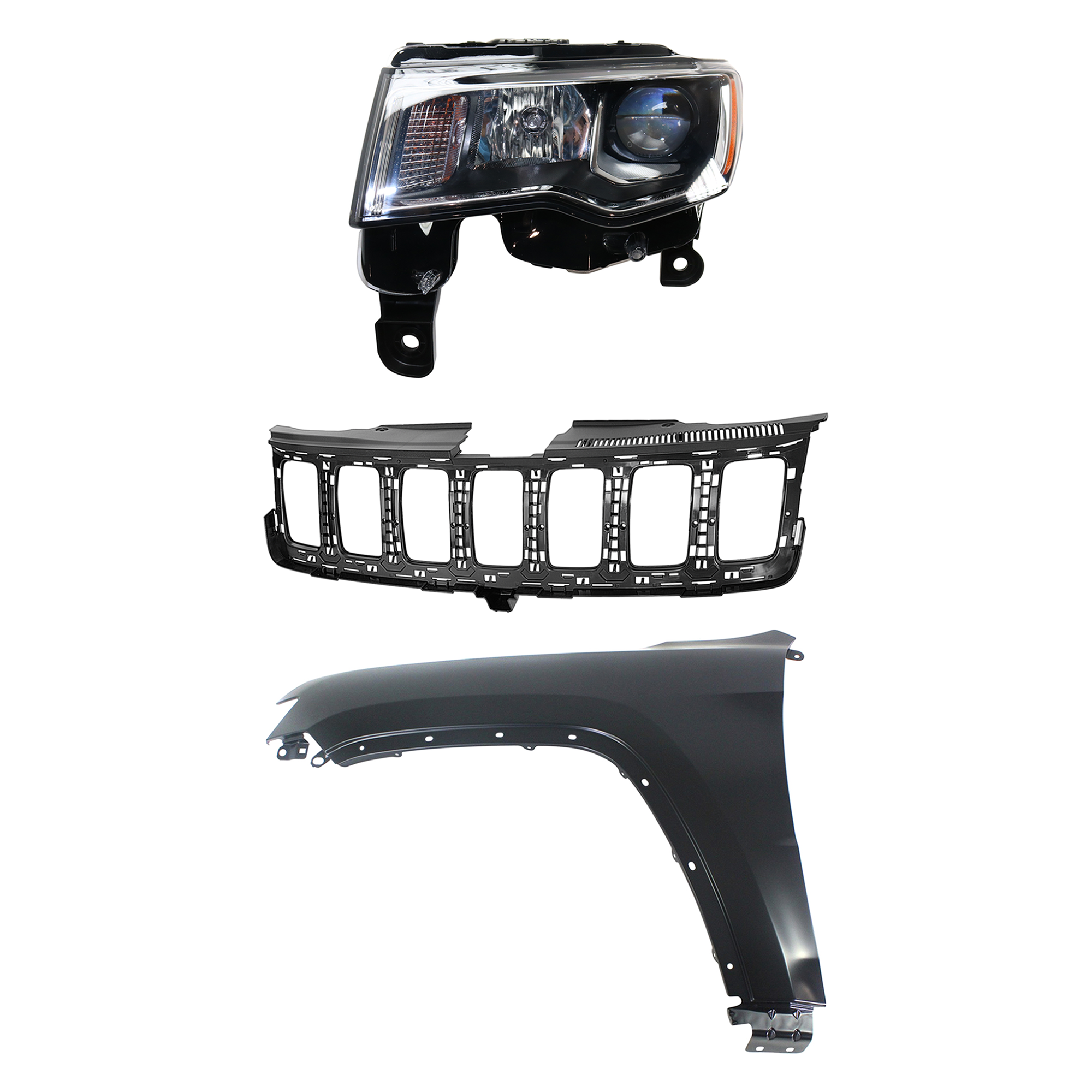 AM GRAND CHEROKEE 17-21 HEAD LAMP LH Assembly Halogen 3 pc Kit with Fender and Grille Assembly SKU KIT 030823-12702 Partslink CH2502297 CH1240272 CH1200401 OEM 68289235AE 55369597AF 68258419