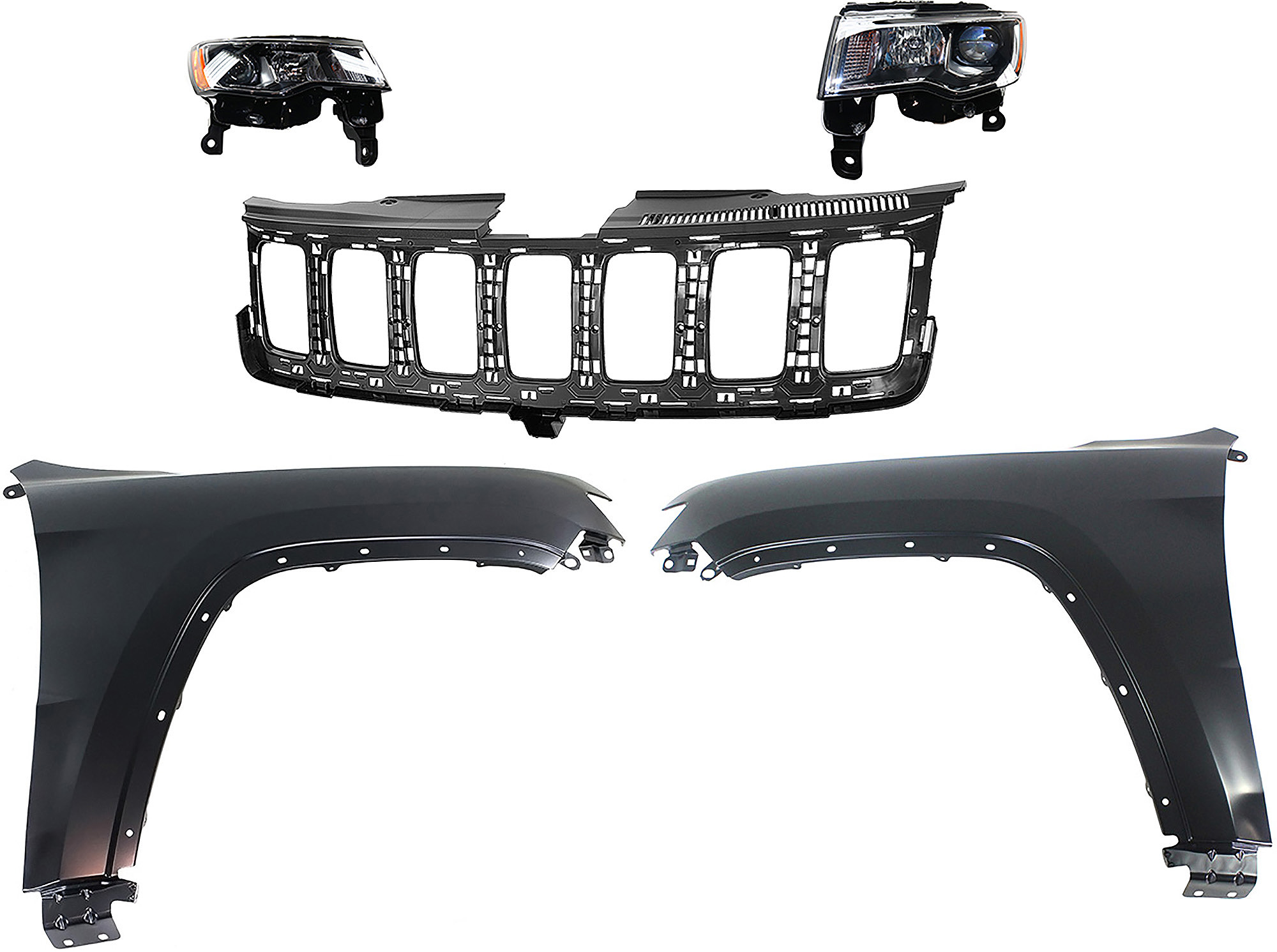 AM GRAND CHEROKEE 17-21 HEAD LAMP RH AND LH Assembly Halogen 5 pc Kit with Fenders and Grille Assembly SKU KIT 030823-127 Partslink CH2502297 CH2503297 CH1240272 CH1241272 CH1200401 OEM 68289234AE 68289235AE 55369597