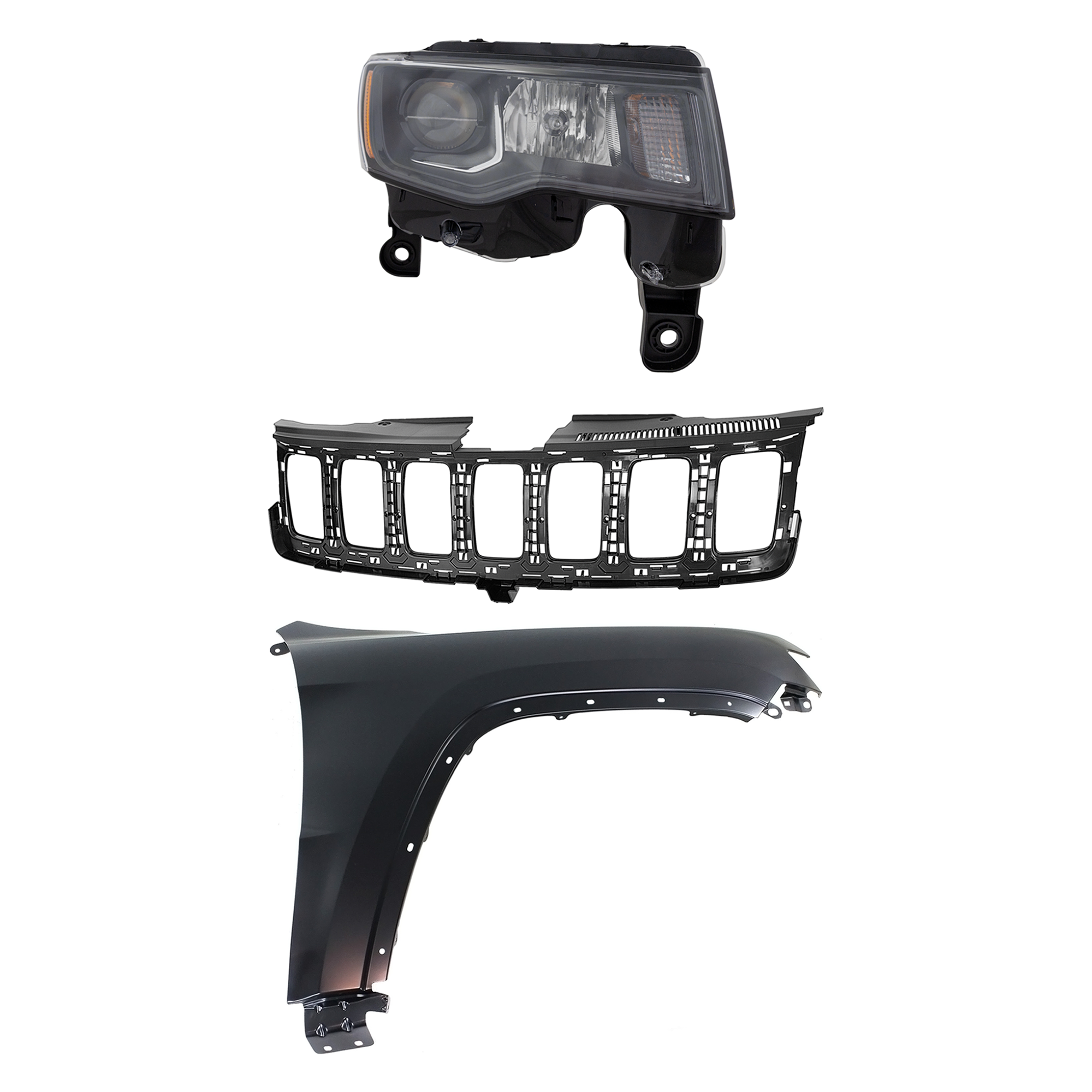 AM GRAND CHEROKEE 17-21 HEAD LAMP RH Assembly Halogen 3 pc Kit with Fender and Grille Assembly SKU KIT 030823-12801 Partslink CH2503309 CH1241272 CH1200401 OEM 68266646AE 55369596AF 68258419