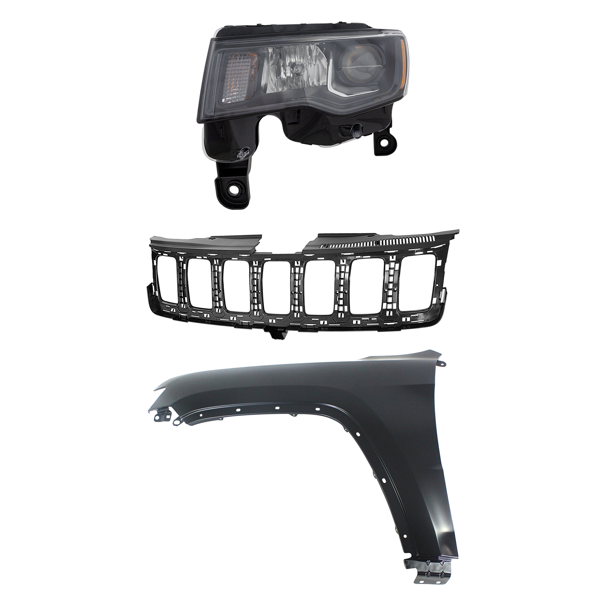 AM GRAND CHEROKEE 17-21 HEAD LAMP LH Assembly Halogen 3 pc Kit with Fender and Grille Assembly SKU KIT 030823-12802 Partslink CH2502309 CH1240272 CH1200401 OEM 68266647AE 55369597AF 68258419