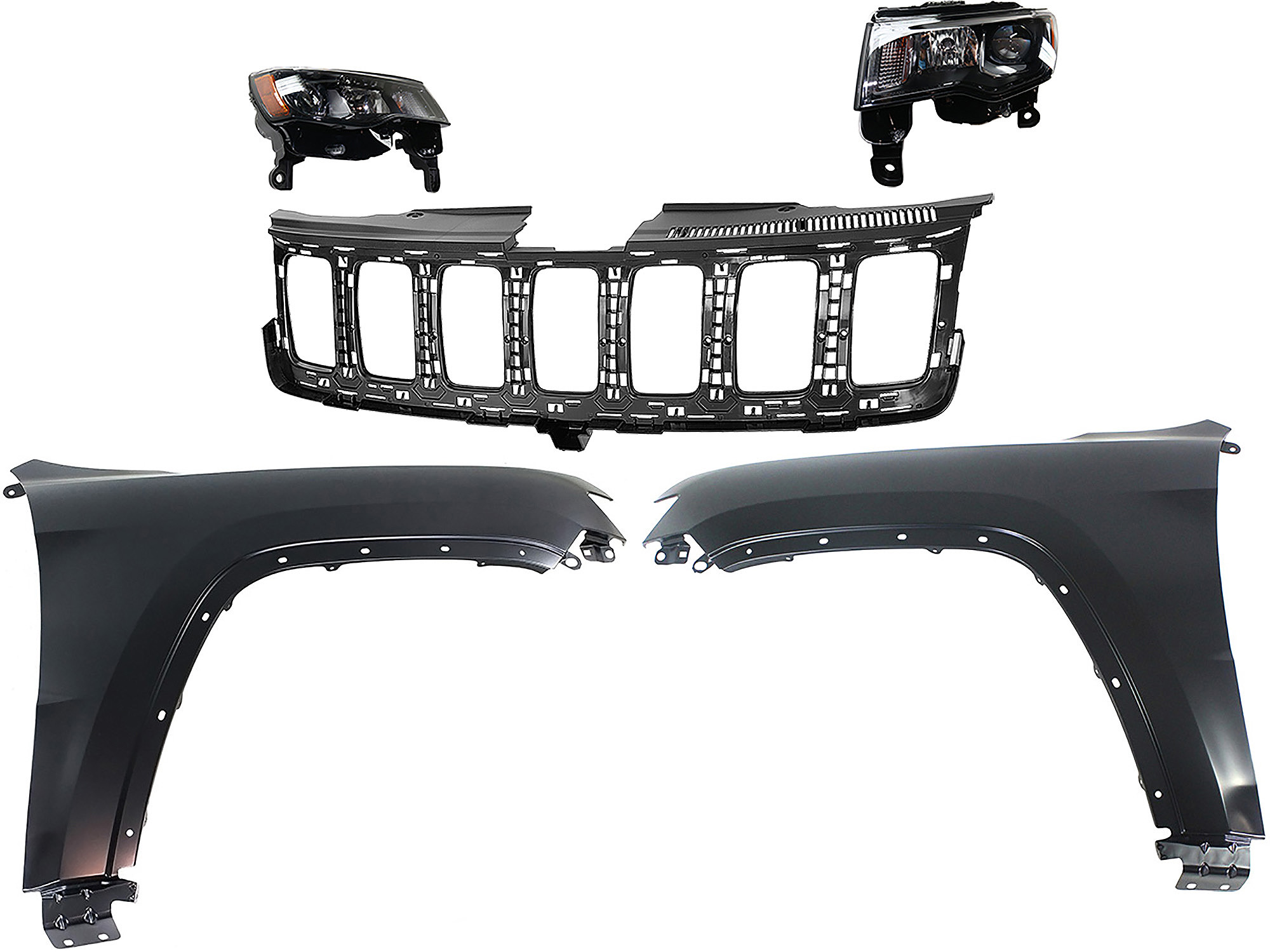 AM GRAND CHEROKEE 17-21 HEAD LAMP RH AND LH Assembly Halogen 5 pc Kit with Fenders and Grille Assembly SKU KIT 030823-128 Partslink CH2502309 CH2503309 CH1240272 CH1241272 CH1200401 OEM 68266646AE 68266647AE 55369597