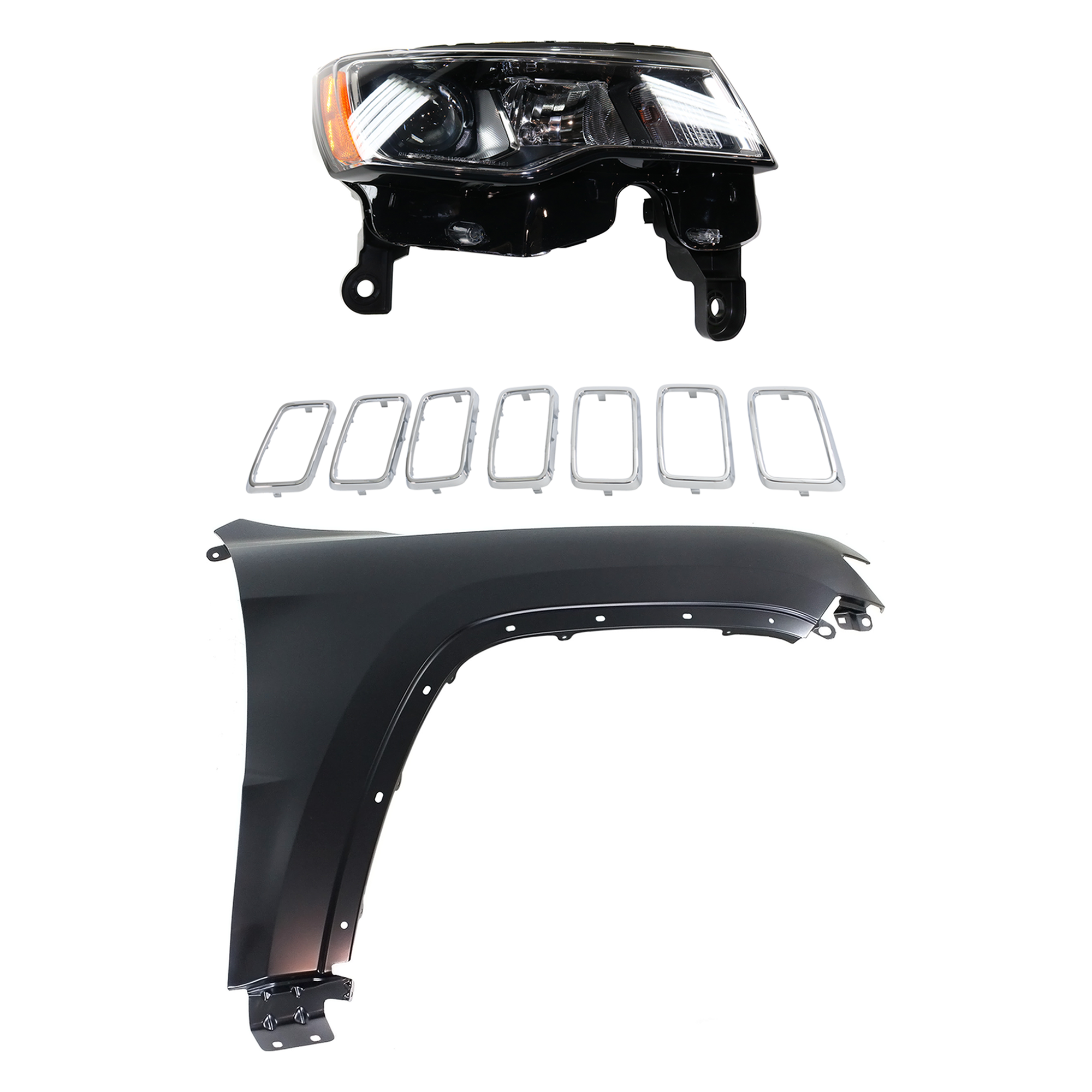 AM GRAND CHEROKEE 17-21 HEAD LAMP RH Assembly Halogen 3 pc Kit with Fender and Grille Assembly SKU KIT 030823-12901 Partslink CH2503297 CH1241272 CH1210125 OEM 68289234AE 55369596AF 6ML09SZ0