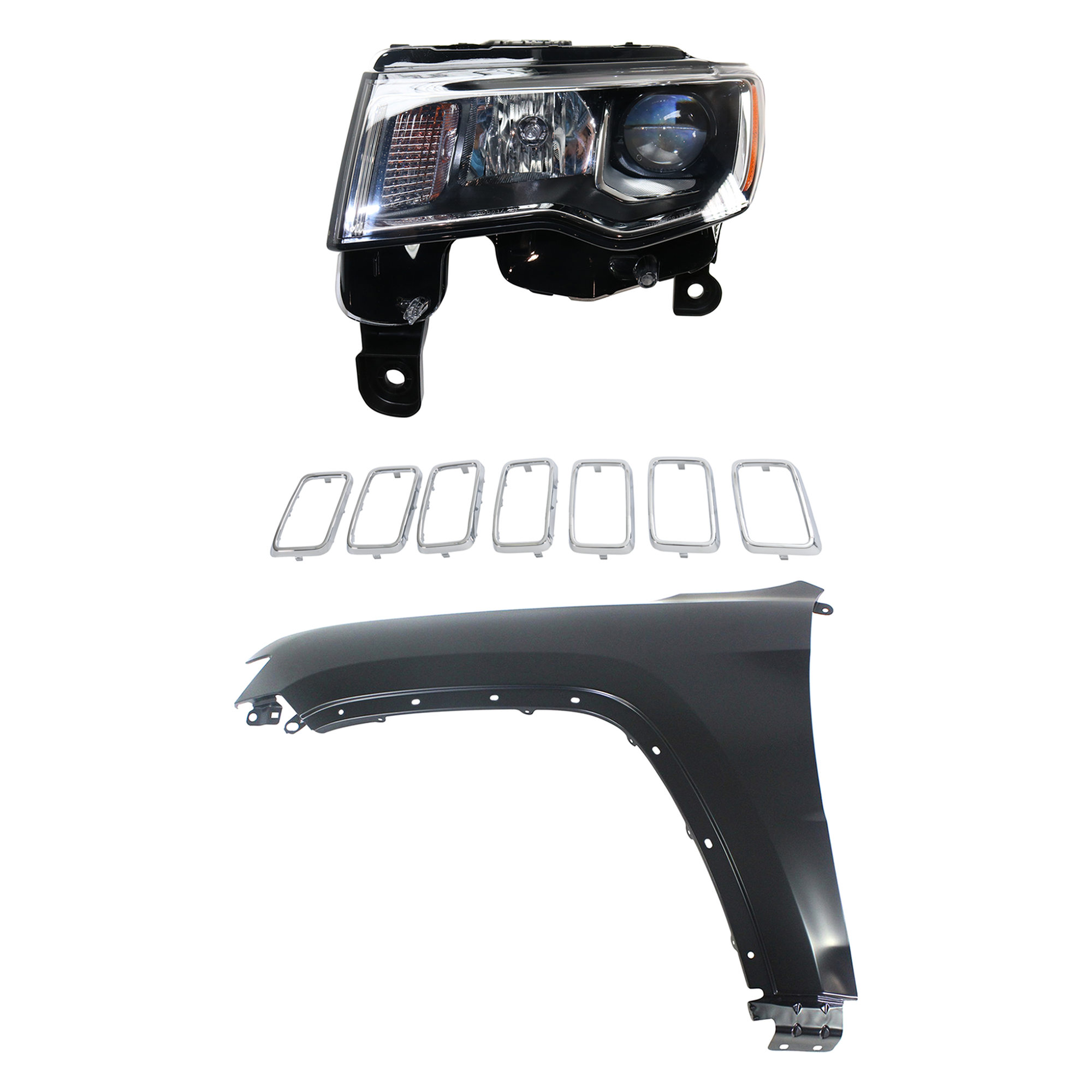 AM GRAND CHEROKEE 17-21 HEAD LAMP LH Assembly Halogen 3 pc Kit with Fender and Grille Assembly SKU KIT 030823-12902 Partslink CH2502297 CH1240272 CH1210125 OEM 68289235AE 55369597AF 6ML09SZ0