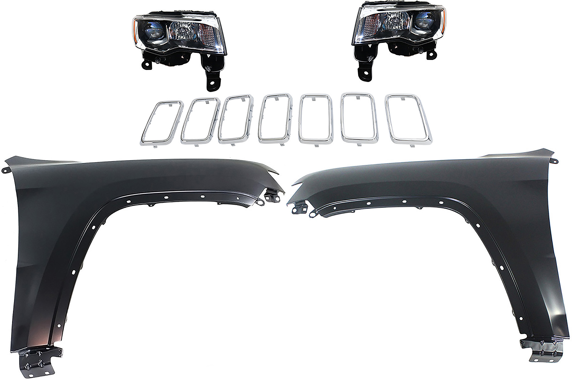 AM GRAND CHEROKEE 17-21 HEAD LAMP RH AND LH Assembly Halogen 5 pc Kit with Fenders and Grille Assembly SKU KIT 030823-129 Partslink CH2502297 CH2503297 CH1240272 CH1241272 CH1210125 OEM 68289234AE 68289235AE 55369597